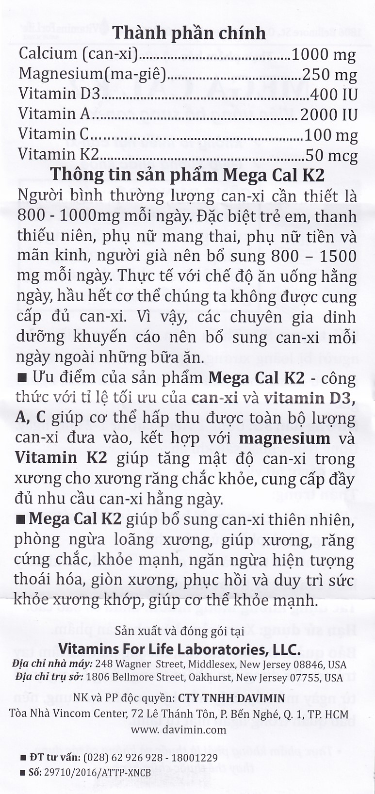 Viên uống bổ sung canxi, chống loãng xương Mega-Cal 1000 Vitamins For Life (60 viên)