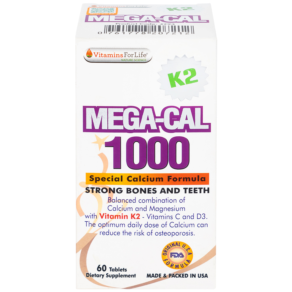 Viên uống bổ sung canxi, chống loãng xương Mega-Cal 1000 Vitamins For Life (60 viên)