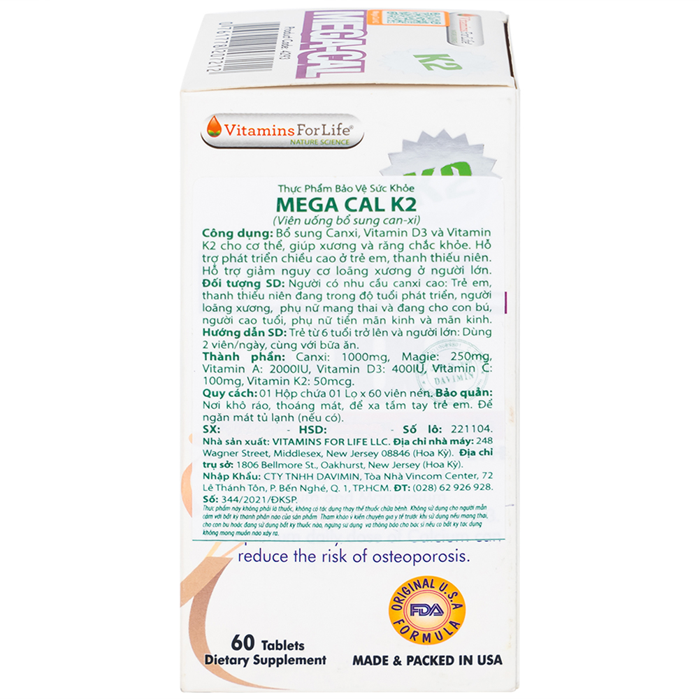 Viên uống bổ sung canxi, chống loãng xương Mega-Cal 1000 Vitamins For Life (60 viên)