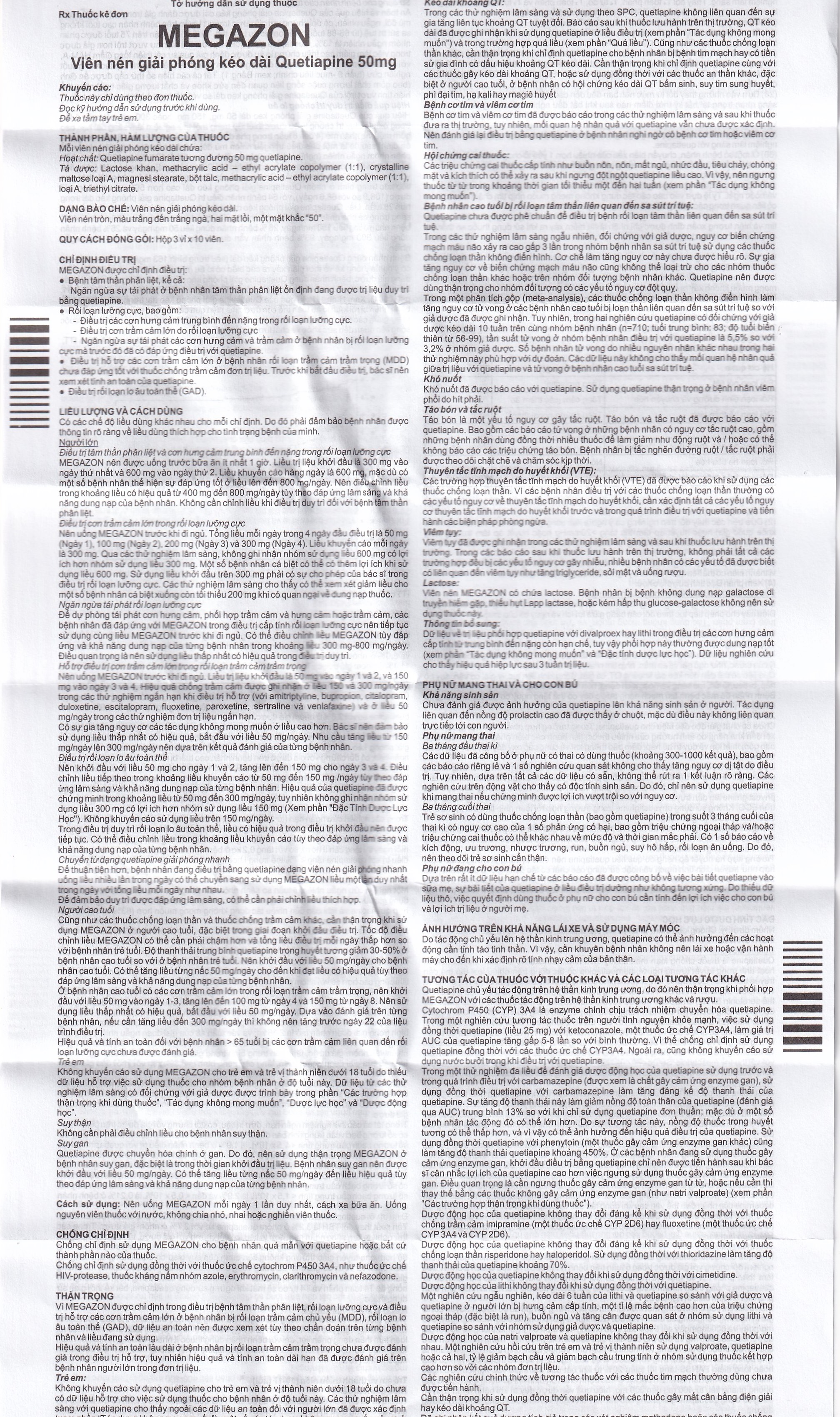 Thuốc Megazon 50mg prolonged-release tablets Pharmathen điều trị tâm thần phân liệt (3 vỉ x 10 viên)