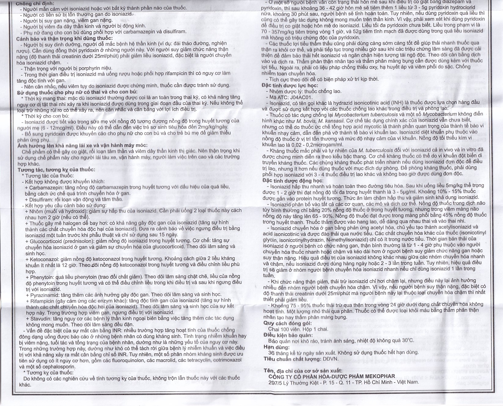 Viên nén Meko INH 150 Mekophar phòng và điều trị lao phổi (100 viên)