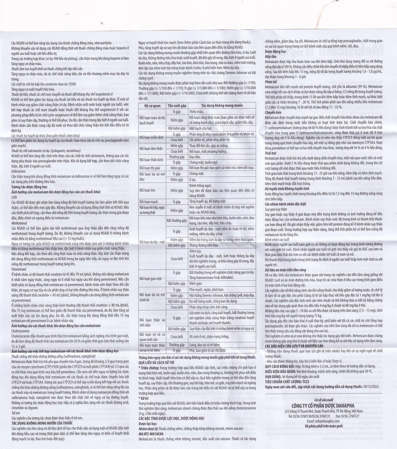 Dung dịch tiêm Meloxicam 15mg/1.5ml Danapha điều trị đau viêm xương khớp (10 ống)