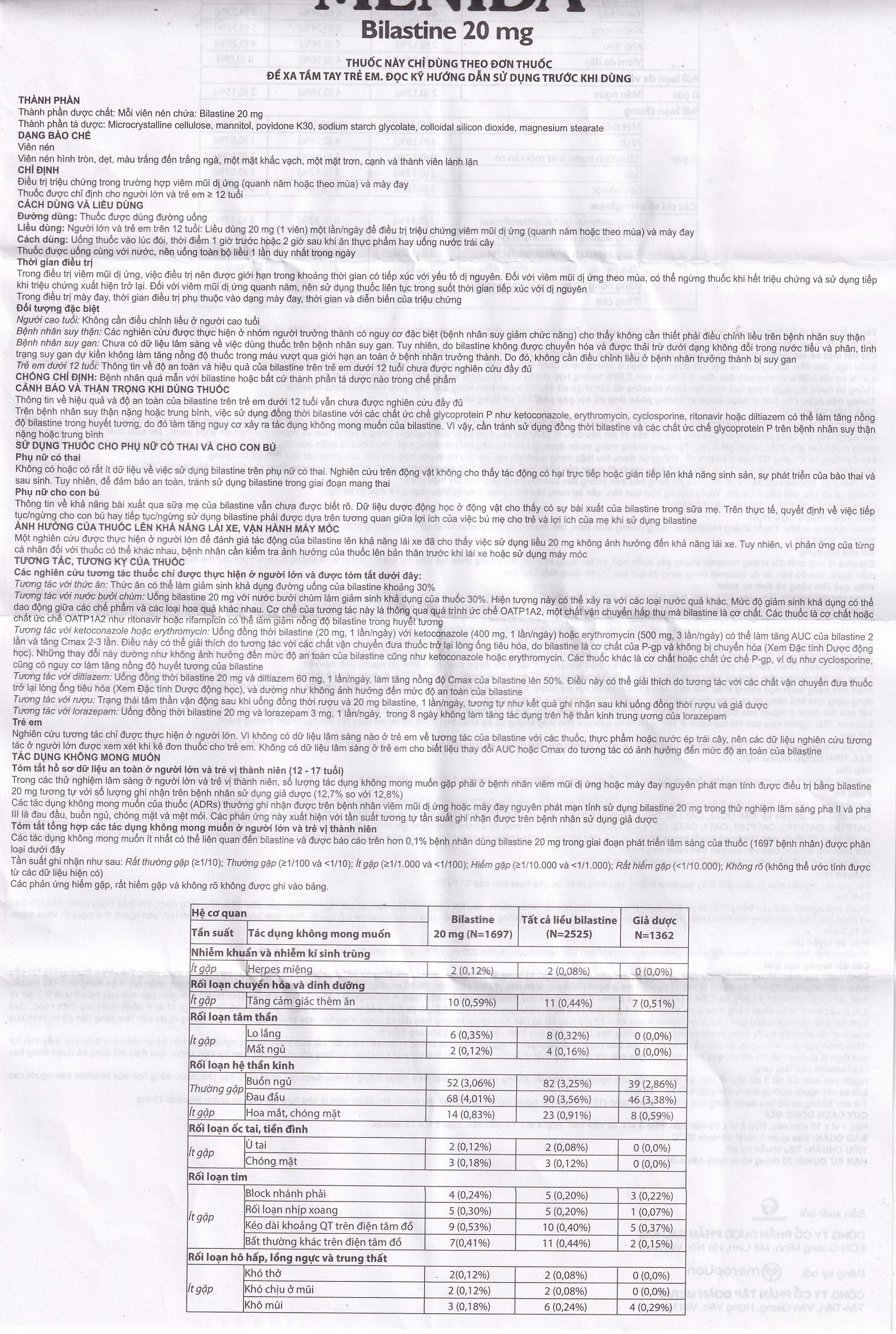 Thuốc Menida 20mg Merap điều trị viêm mũi dị ứng (2 vỉ x 10 viên)