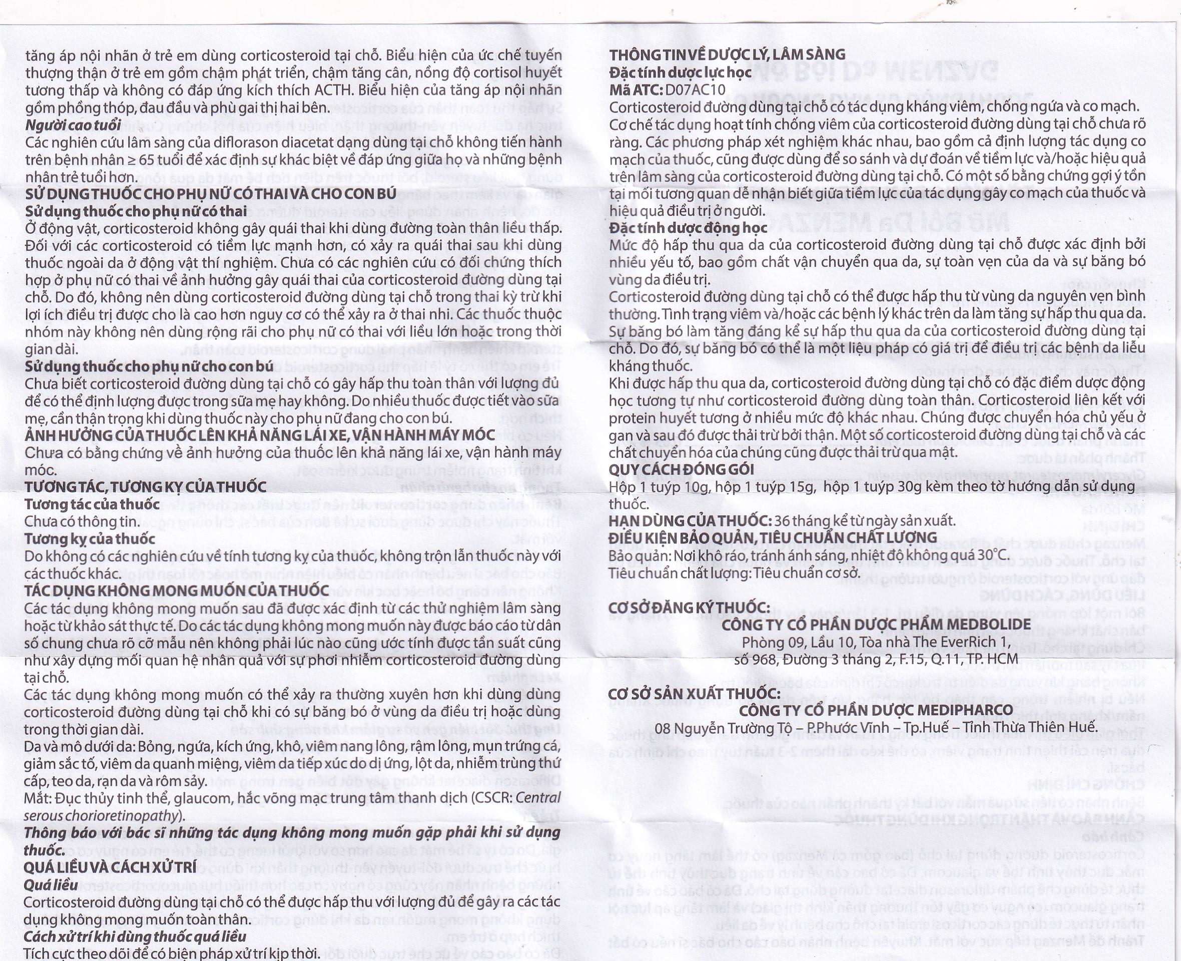 Thuốc mỡ bôi da Menzag 0.05% Medbolide giảm tình trạng viêm và ngứa của bệnh da liễu