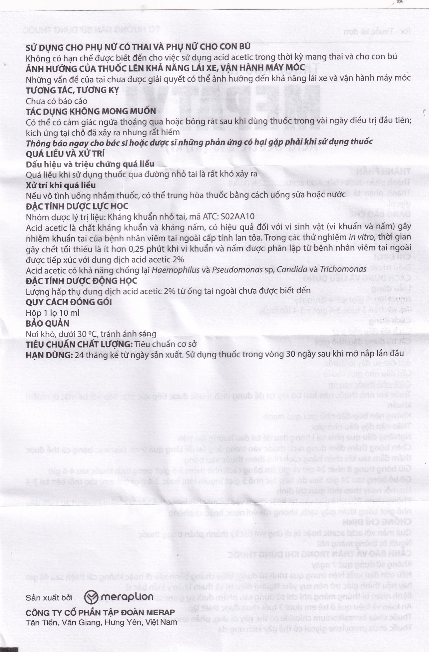 Thuốc nhỏ tai Mepatyl 10ml Merap điều trị nhiễm khuẩn của ống tai ngoài