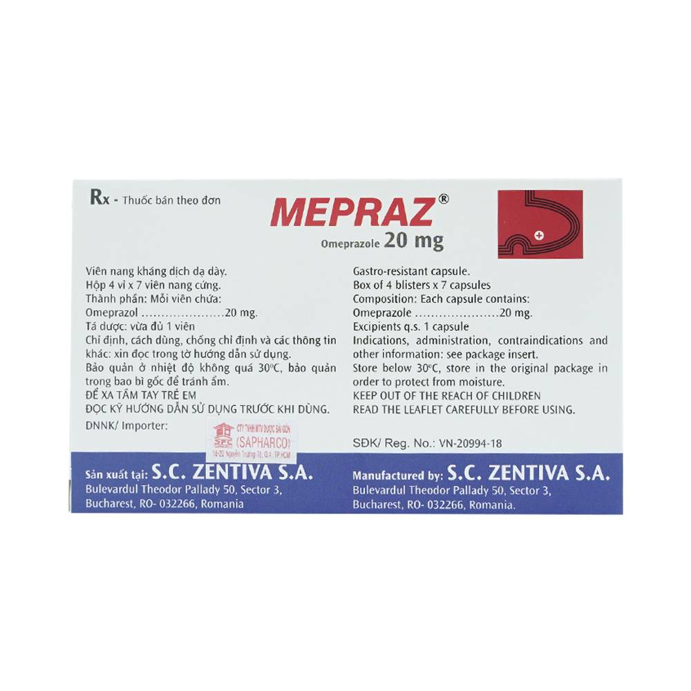 Viên nang cứng Mepraz 20mg Sanofi điều trị trào ngược dạ dày thực quản (4 vỉ x 7 viên)