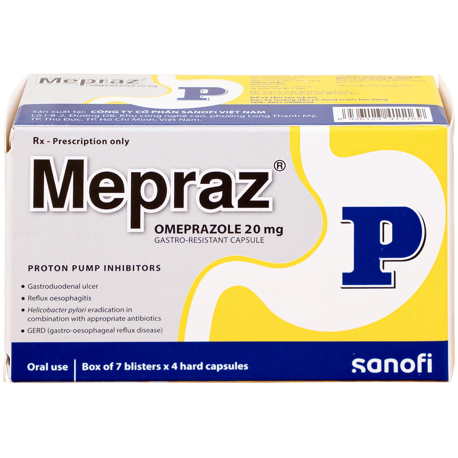 Viên nang cứng Mepraz 20mg Sanofi điều trị loét dạ dày tá tràng, viêm thực quản trào ngược (7 vỉ x 4 viên)