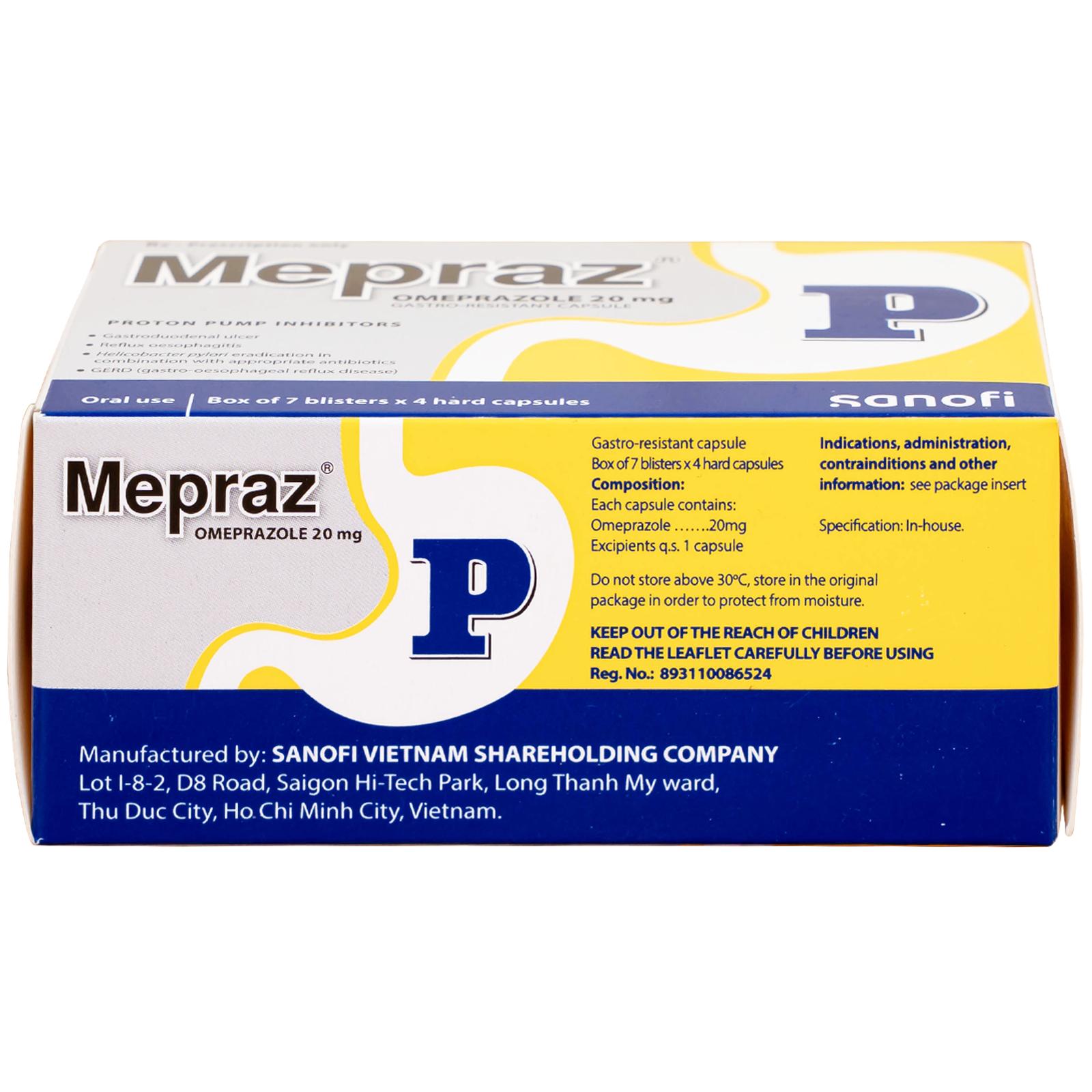 Viên nang cứng Mepraz 20mg Sanofi điều trị loét dạ dày tá tràng, viêm thực quản trào ngược (7 vỉ x 4 viên)