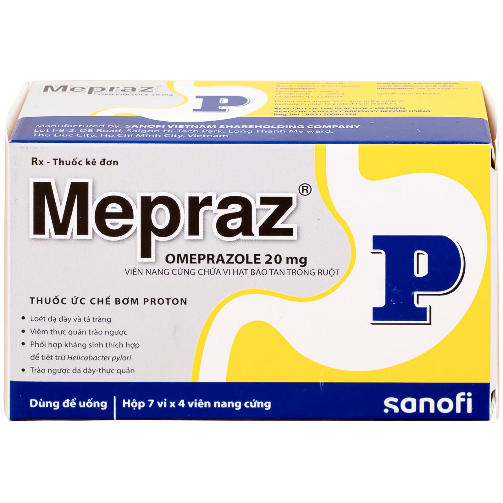 Viên nang cứng Mepraz 20mg Sanofi điều trị loét dạ dày tá tràng, viêm thực quản trào ngược (7 vỉ x 4 viên)