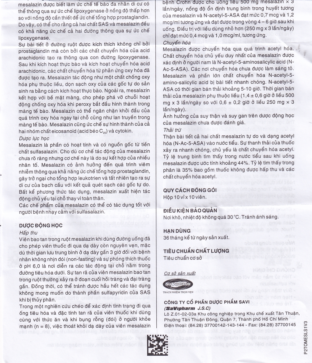 Thuốc Mesalazine 500mg SaviPharm điều trị viêm loét đại tràng (10 vỉ x 10 viên)