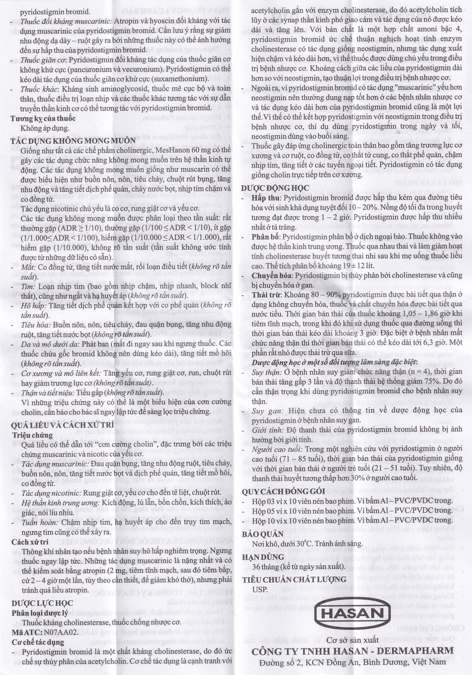 Viên nén MesHanon 60mg Hasan điều trị nhược cơ, tắt ruột do liệt ruột và bí tiểu sau phẫu thuật (3 vỉ x 10 viên)