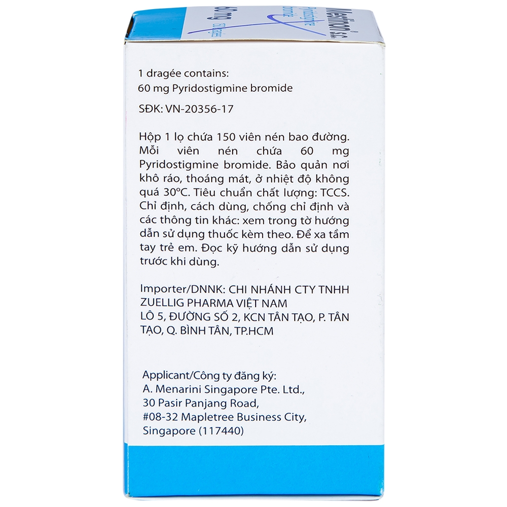 Viên nén Mestinon S.C. 60mg Menarini điều trị nhược cơ,  tắc ruột do liệt ruột và bí tiểu sau phẫu thuật (150 viên)