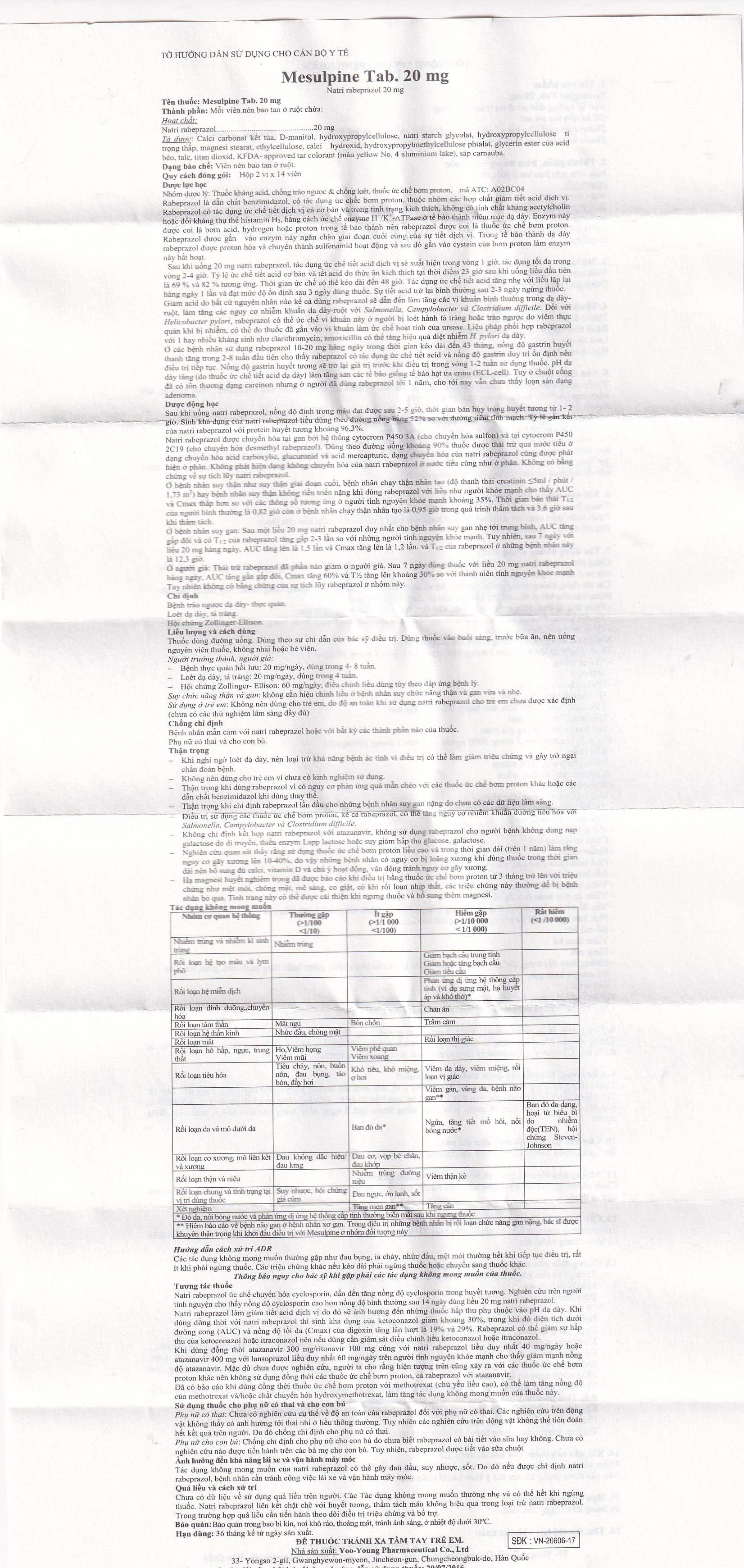 Viên nén Mesulpine 20mg YooYoung điều trị bệnh trào ngược dạ dày, thực quản (2 vỉ x 14 viên) 