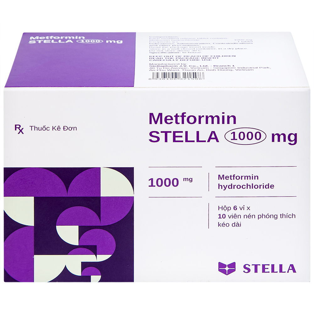 Thuốc Metformin Stella 1000mg điều trị đái tháo đường típ 2 (6 vỉ x 10 viên)