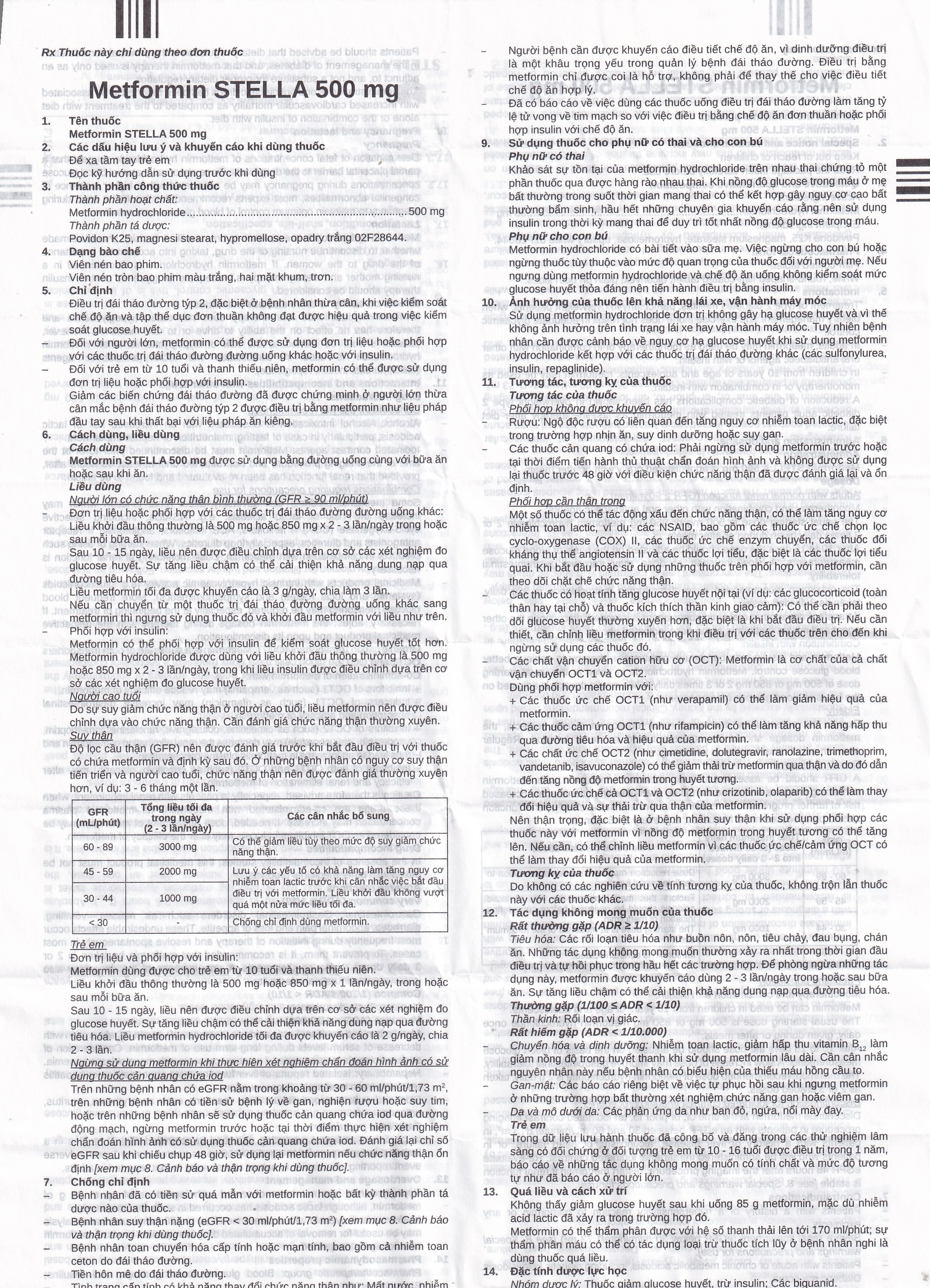 Thuốc Metformin 500MG Stella điều trị tiểu đường típ 2 (6 vỉ x 10 viên)