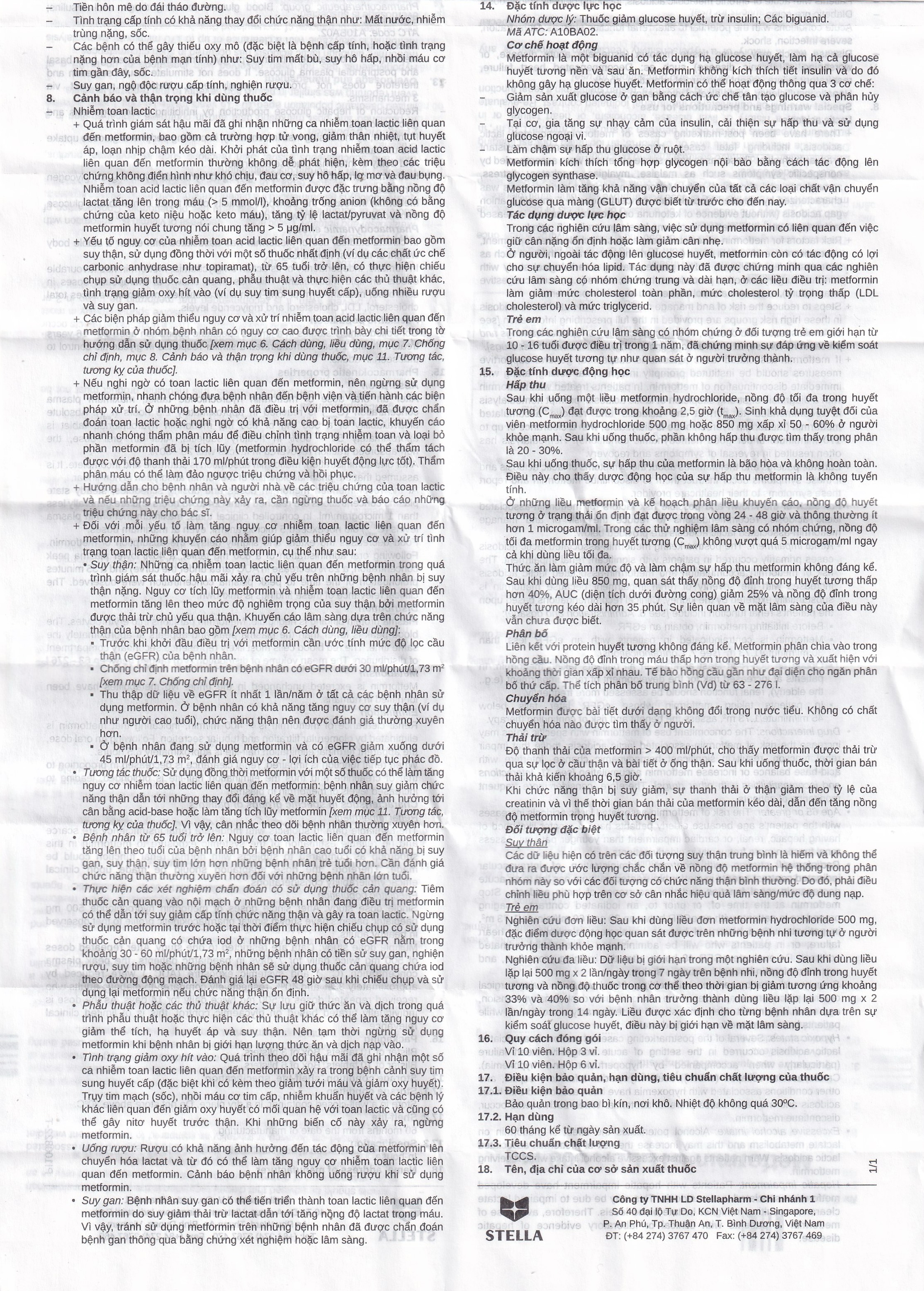 Thuốc Metformin 500MG Stella điều trị tiểu đường típ 2 (6 vỉ x 10 viên)