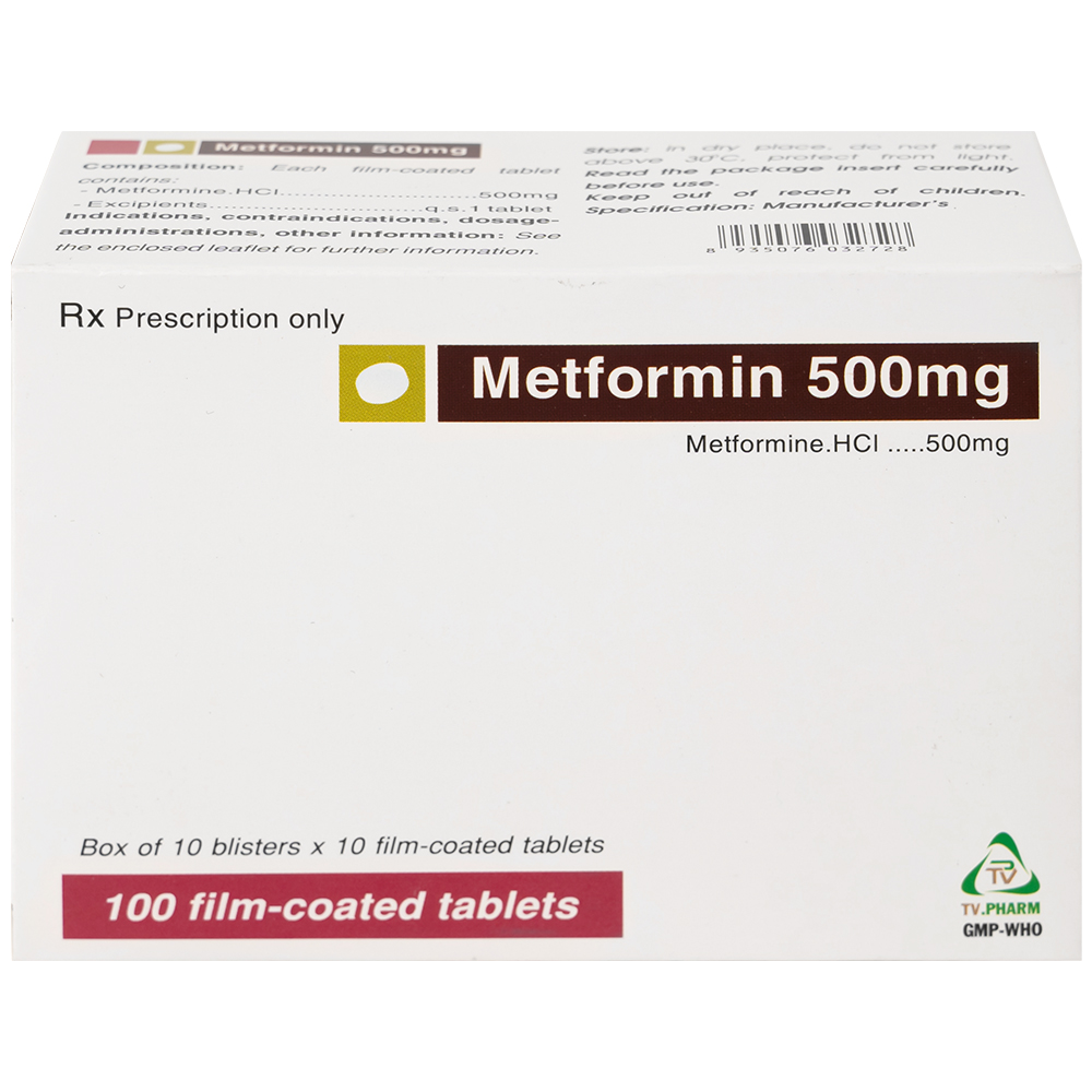Thuốc Metformin 500mg TV Pharm điều trị đái tháo đường (10 vỉ x 10 viên)