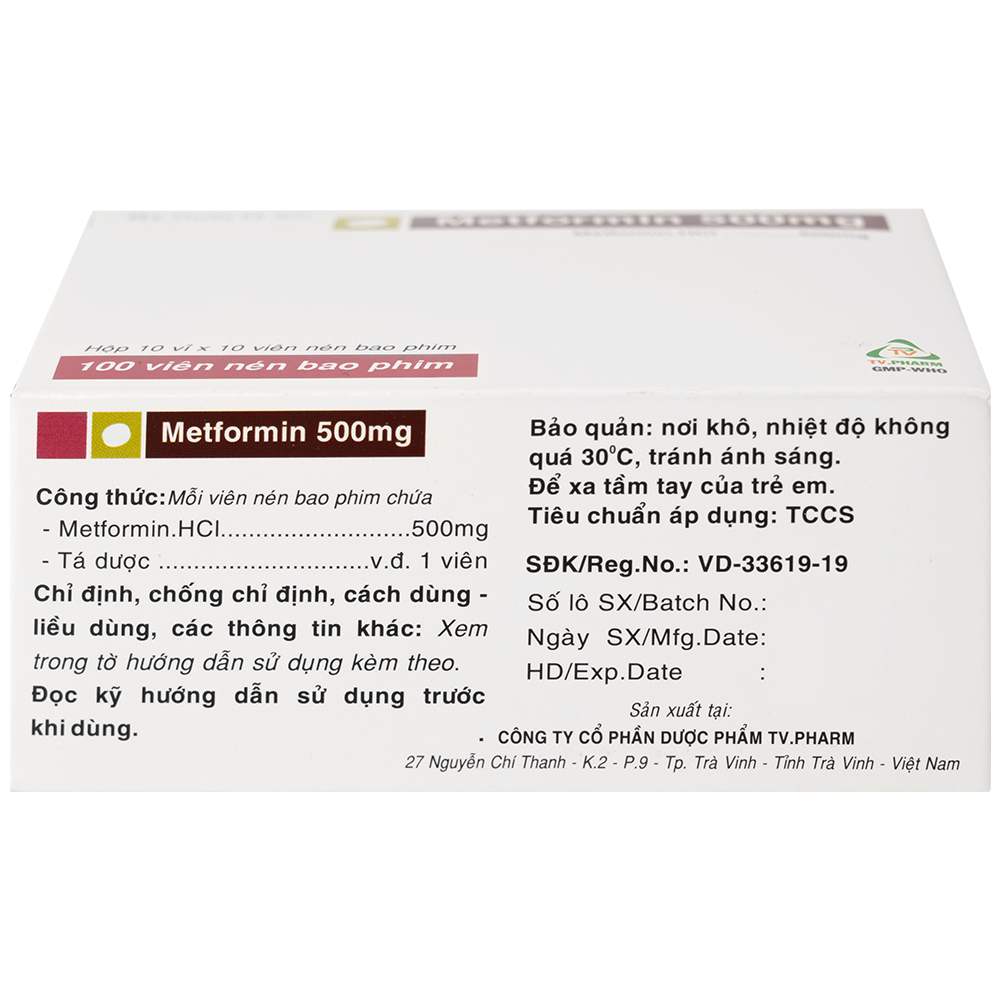 Thuốc Metformin 500mg TV Pharm điều trị đái tháo đường (10 vỉ x 10 viên)