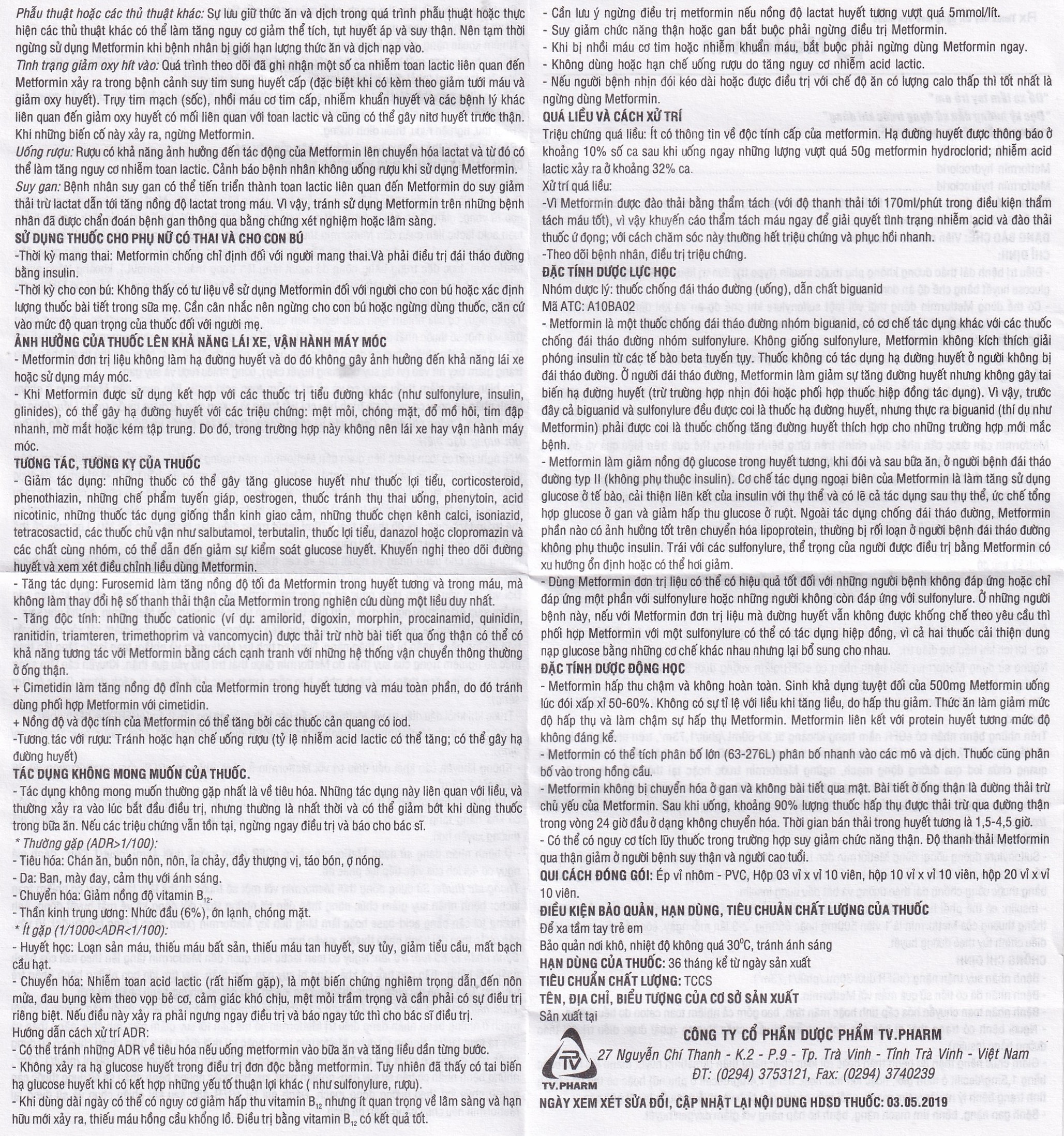 Thuốc Metformin 500mg TV Pharm điều trị đái tháo đường (10 vỉ x 10 viên)