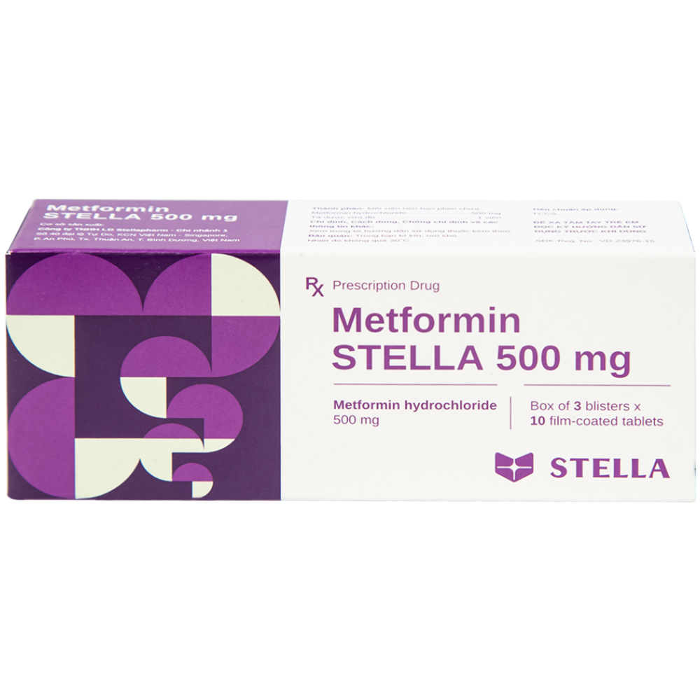 Viên nén Metformin Stella 500mg điều trị bệnh đái tháo đường típ 2 (3 vỉ x 10 viên)