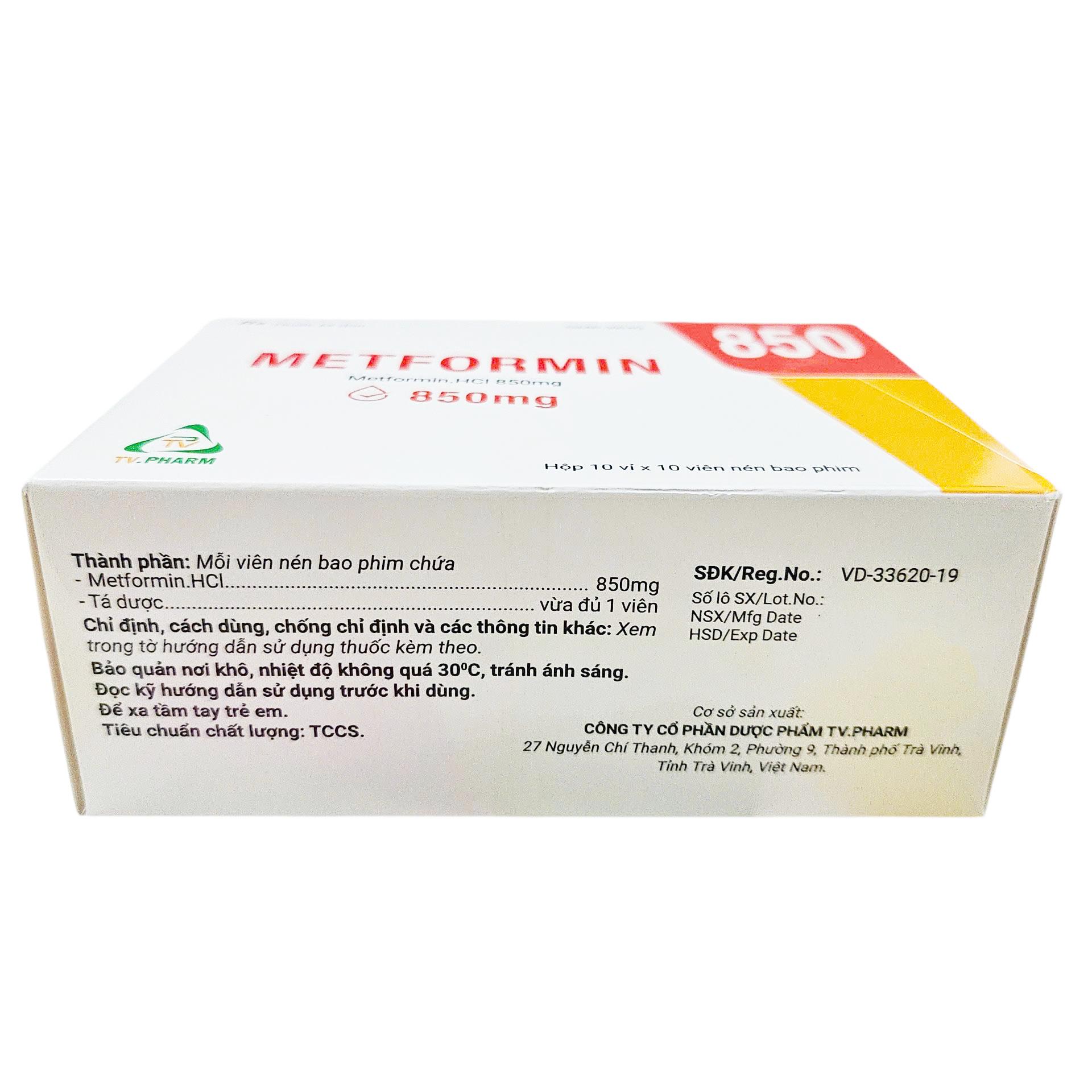 Thuốc Metformin 850mg TV.Pharm điều trị bệnh đái tháo đường (10 vỉ x 10 viên)