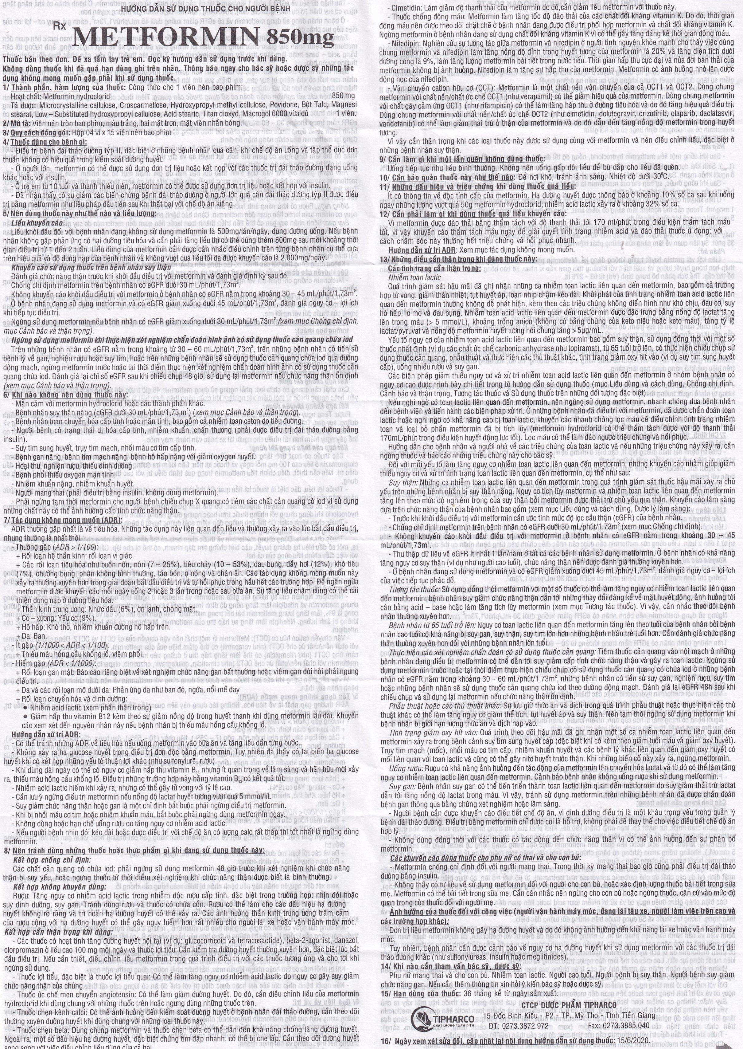 Viên nén Metformin 850mg Tipharco điều trị đái tháo đường không phụ thuộc insulin típ 2 (4 vỉ x 15 viên) 