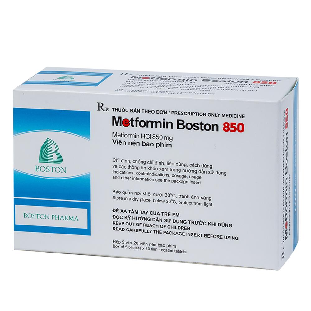 Thuốc Metformin Boston 850 điều trị bệnh đái tháo đường típ 2 (5 vỉ x 20 viên)