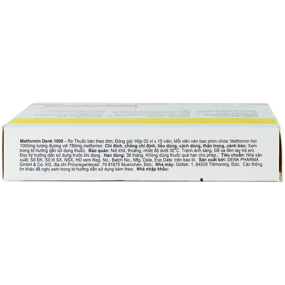 Viên nén Metformin Denk 1000 điều trị đái tháo đường típ 2 (2 vỉ x 15 viên)