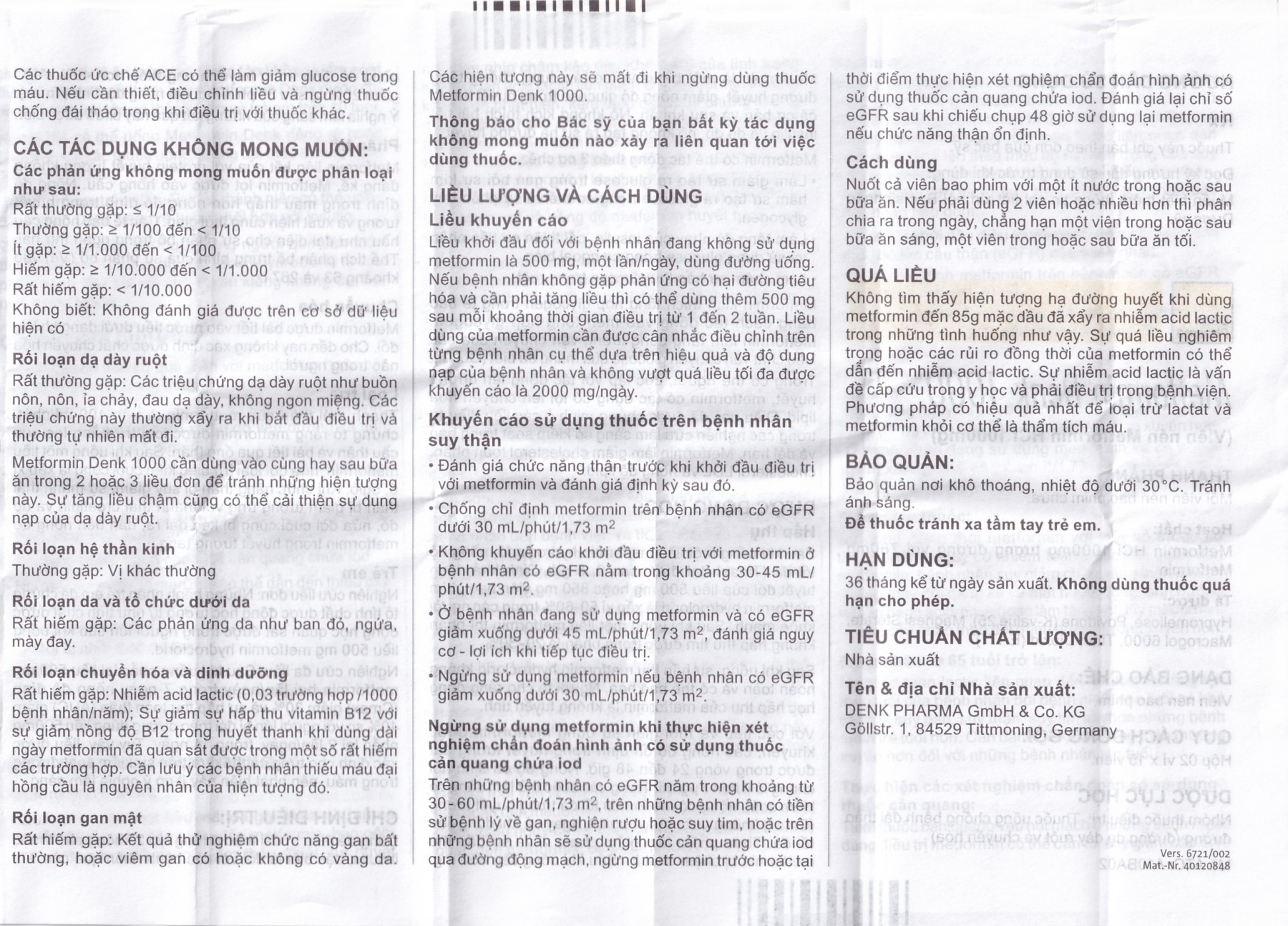 Viên nén Metformin Denk 1000 điều trị đái tháo đường típ 2 (2 vỉ x 15 viên)