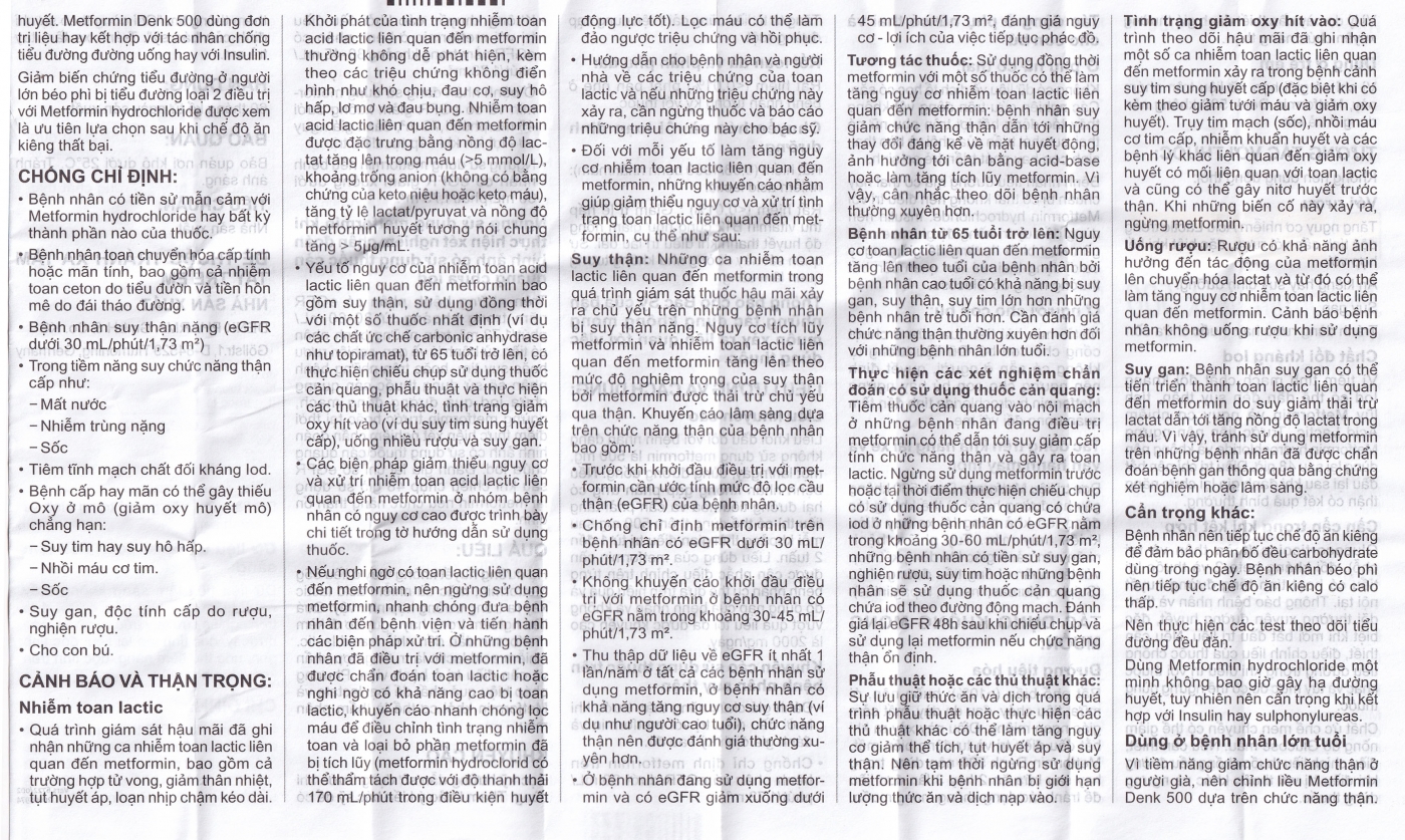 Viên nén Metformin Denk 500 điều trị đái tháo đường típ 2 (10 vỉ x 10 viên)