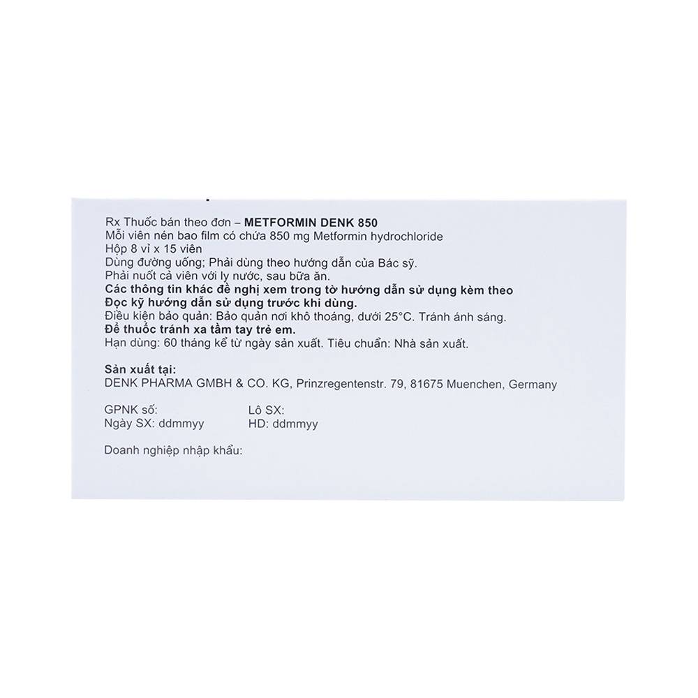 Viên nén Metformin Denk 850 điều trị đái tháo đường típ 2 (8 vỉ x 15 viên)