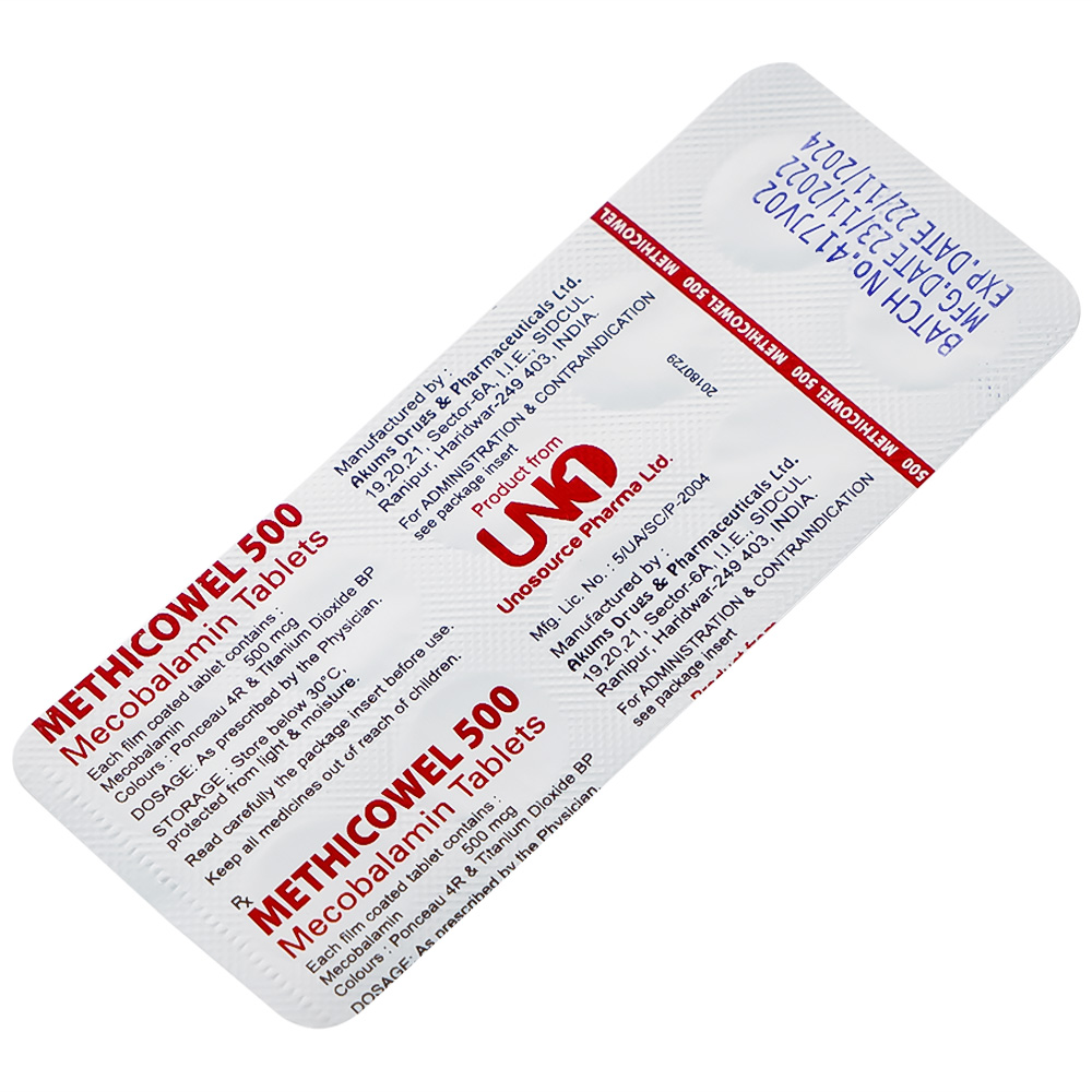 Thuốc Methicowel 500 Akums điều trị các bệnh lý thần kinh ngoại biên, thiếu máu hồng cầu to (10 vỉ x 10 viên)