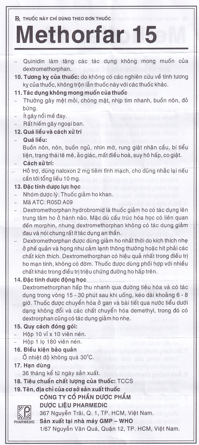 Thuốc trị ho Methorfar 15 Pharmedic dùng cho cảm lạnh, ho không đờm (10 vỉ x 10 viên)