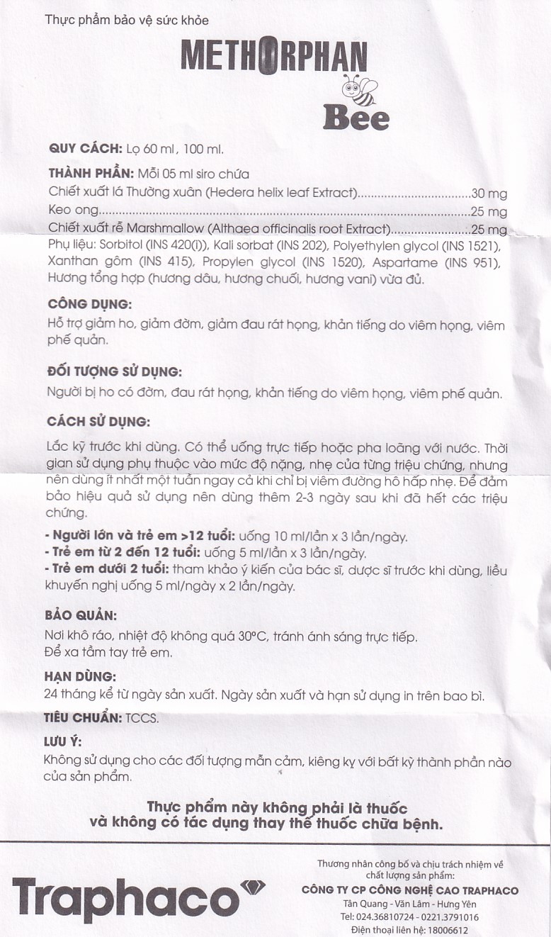Siro hỗ trợ giảm ho Methorphan Bee Traphaco (100ml)