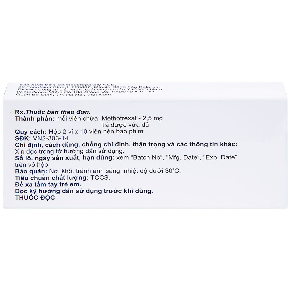 Thuốc Methotrexate Belmed 2.5mg điều trị bệnh vẩy nến, viêm khớp vảy nến, viêm khớp dạng thấp (20 viên)