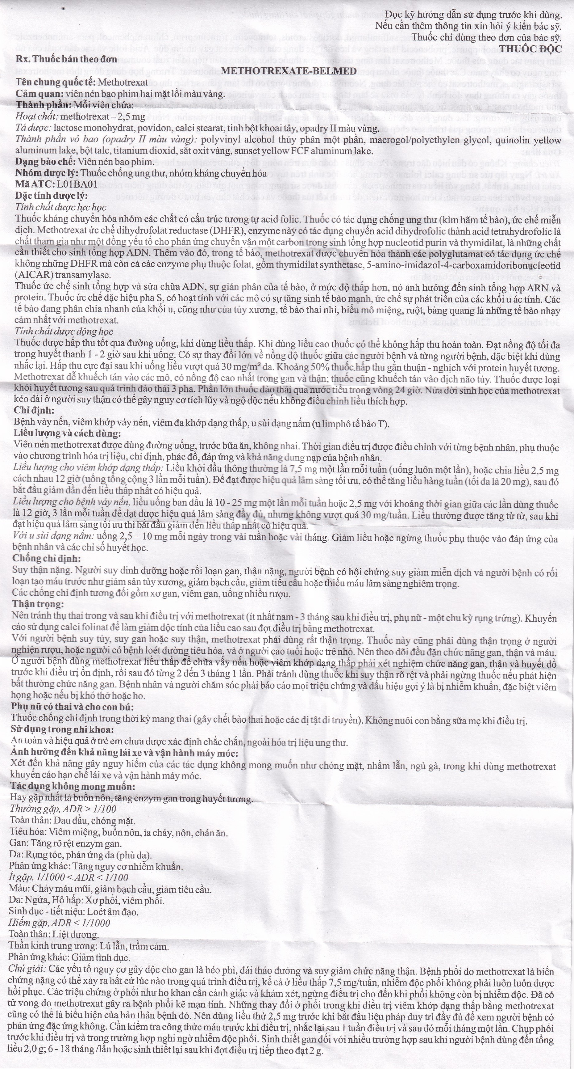Thuốc Methotrexate Belmed 2.5mg điều trị bệnh vẩy nến, viêm khớp vảy nến, viêm khớp dạng thấp (20 viên)