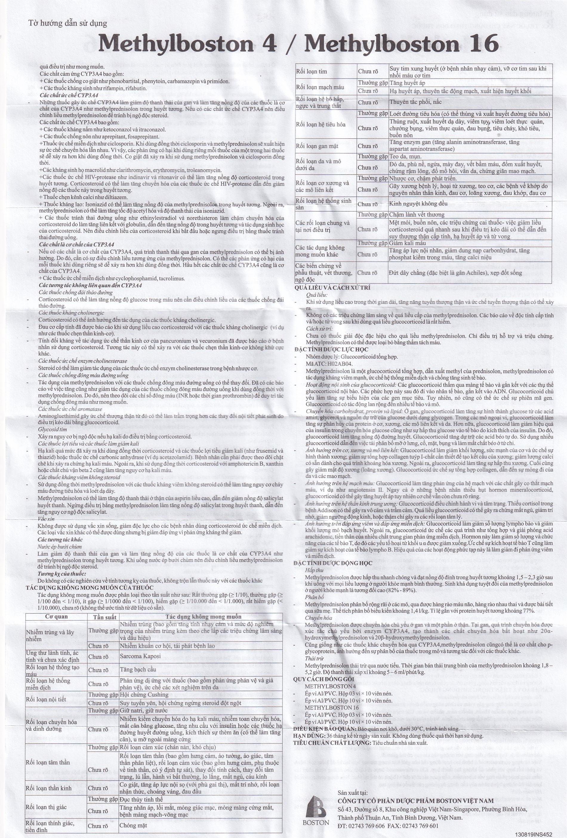Thuốc Methylboston 16 Boston kháng viêm, điều trị suy tuyến thượng thận, viêm khớp, lupus ban đỏ (3 vỉ x 10 viên)