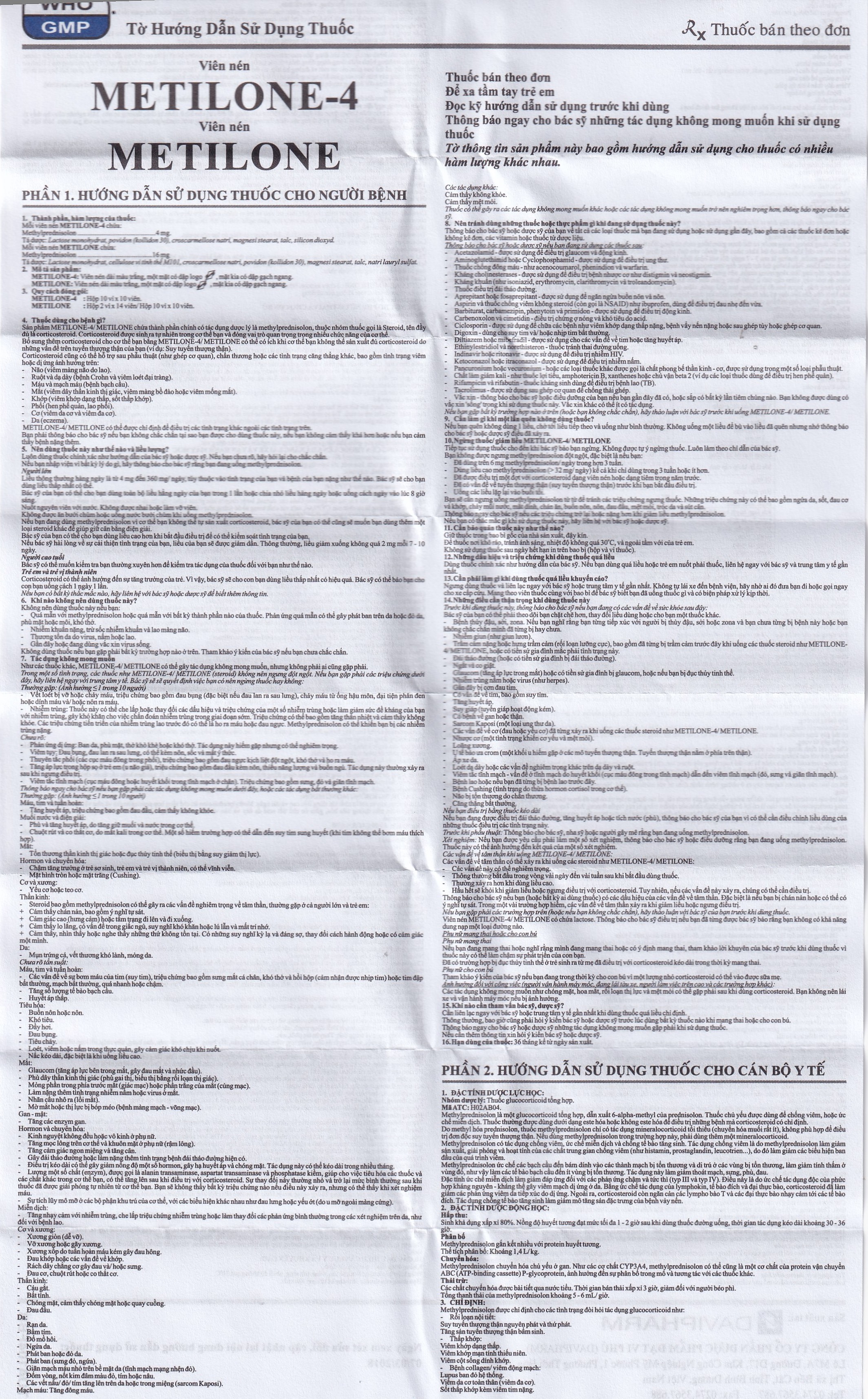 Thuốc Metilone 16mg DaViPharm kháng viêm, rối loạn nội tiết, viêm khớp (2 vỉ x 14 viên)