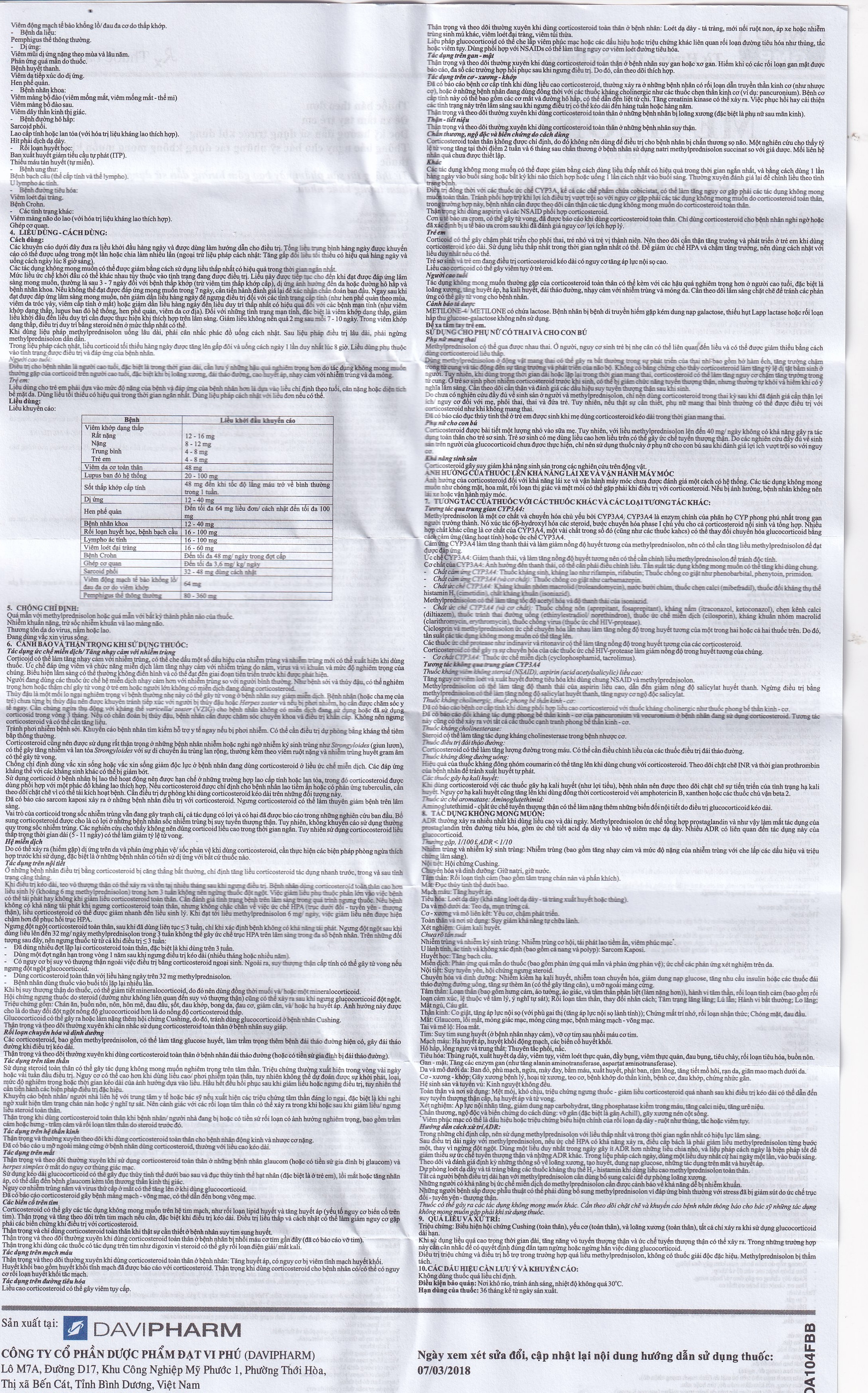 Thuốc Metilone 16mg DaViPharm kháng viêm, rối loạn nội tiết, viêm khớp (2 vỉ x 14 viên)