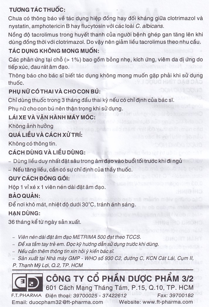 Viên đặt âm đạo Metrima Dược 3-2 điều trị nấm candida (1 vỉ x 1 viên)