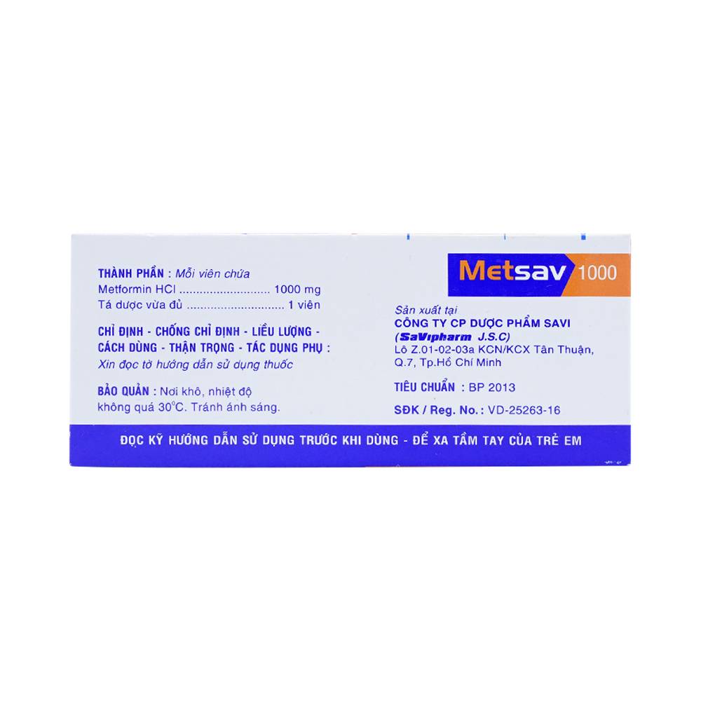 Viên nén Metsav 1000 Savi điều trị bệnh đái tháo đường típ 2 (10 vỉ x 10 viên) 