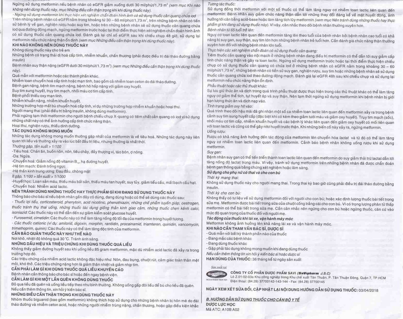 Viên nén Metsav 1000 Savi điều trị bệnh đái tháo đường típ 2 (10 vỉ x 10 viên) 