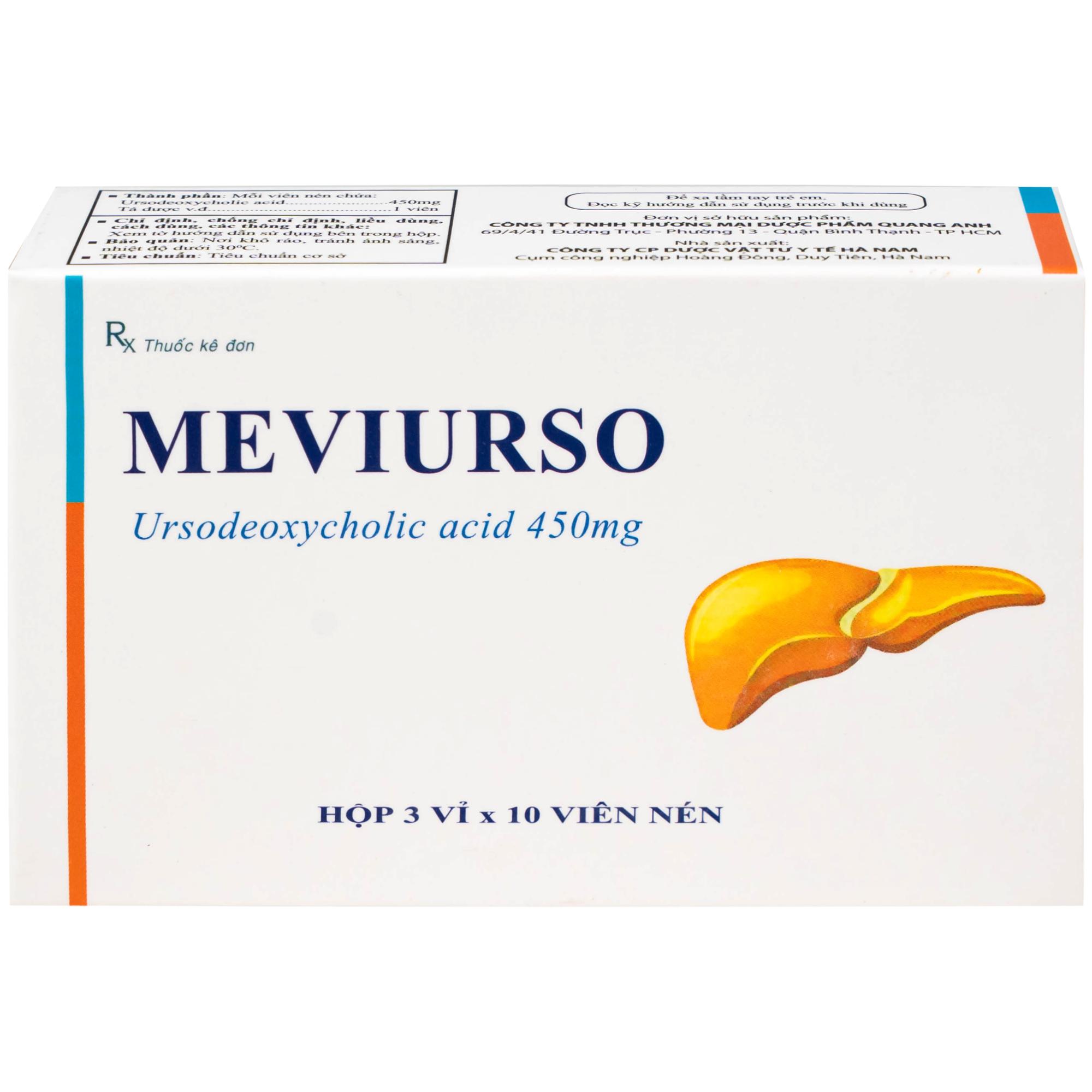 Thuốc Meviurso 450mg Hà Nam dùng để hòa tan sỏi cholesterol, viêm đường mật nguyên phát (3 vỉ x 10 viên)