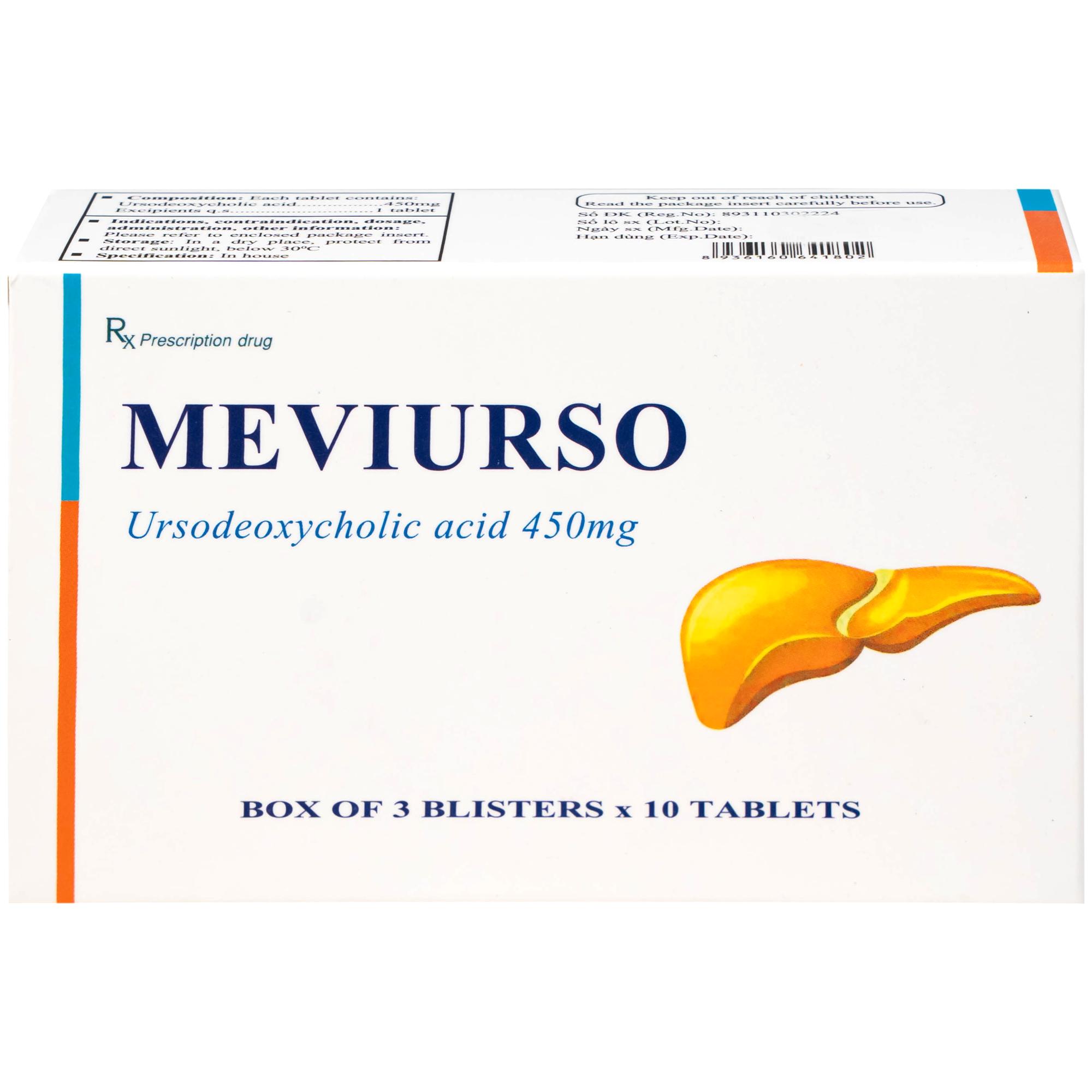Thuốc Meviurso 450mg Hà Nam dùng để hòa tan sỏi cholesterol, viêm đường mật nguyên phát (3 vỉ x 10 viên)