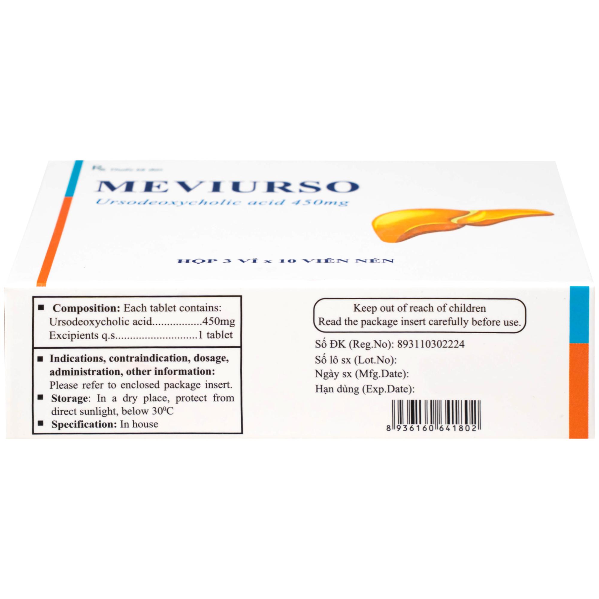 Thuốc Meviurso 450mg Hà Nam dùng để hòa tan sỏi cholesterol, viêm đường mật nguyên phát (3 vỉ x 10 viên)