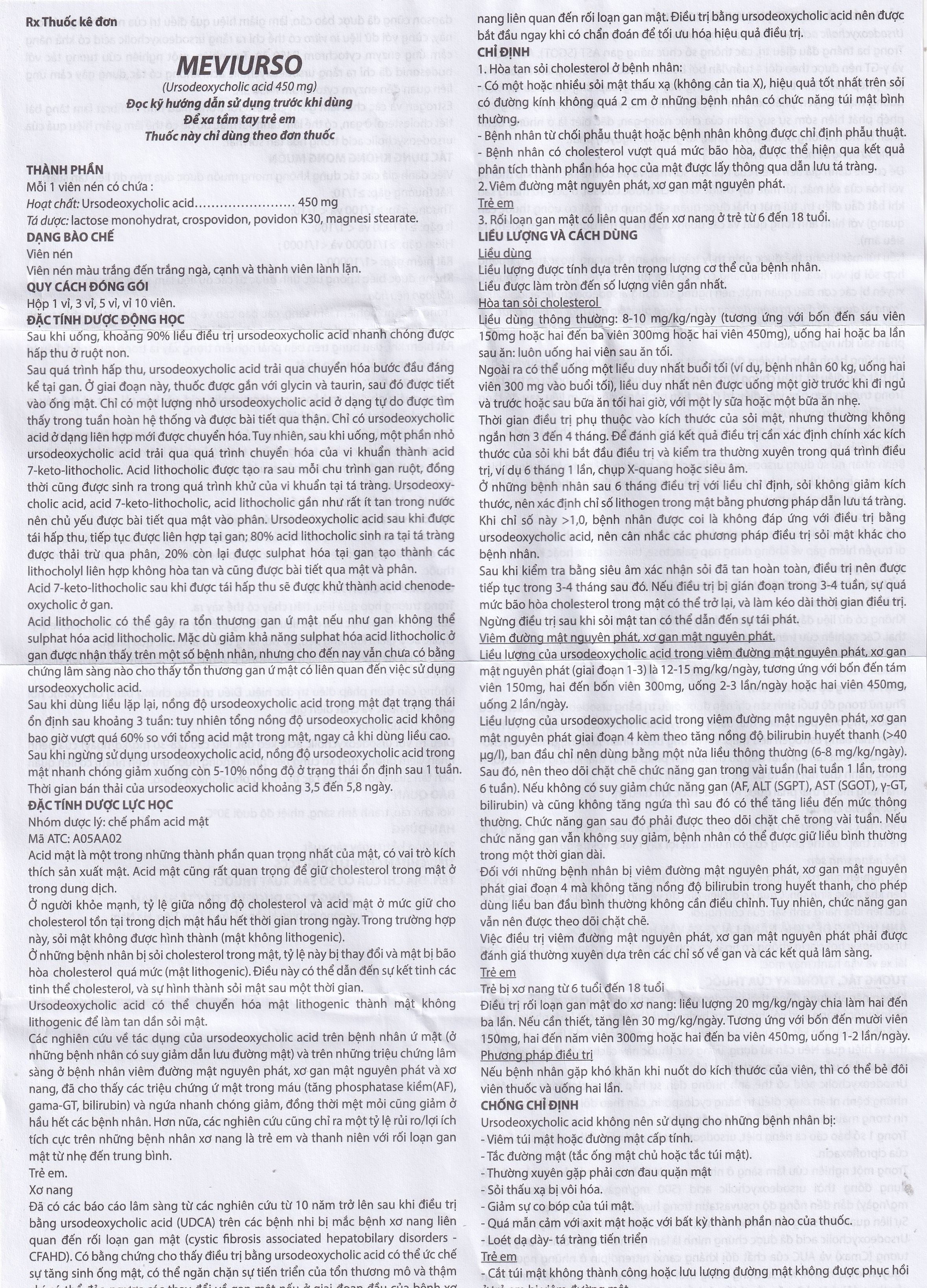 Thuốc Meviurso 450mg Hà Nam dùng để hòa tan sỏi cholesterol, viêm đường mật nguyên phát (3 vỉ x 10 viên)