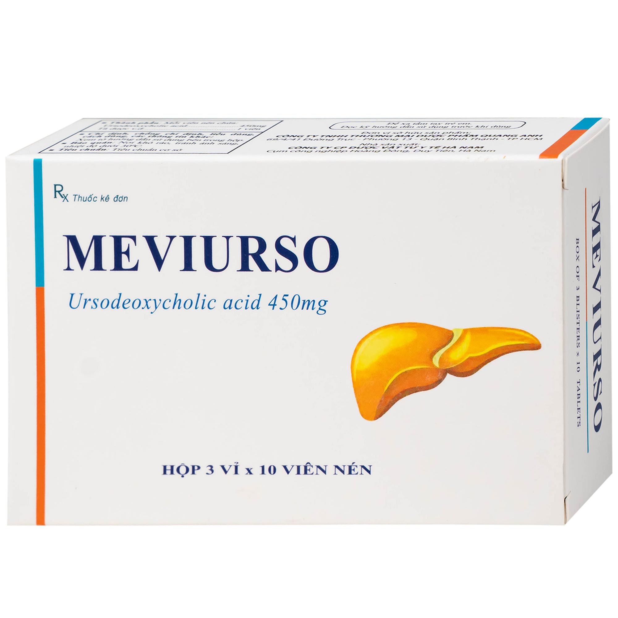 Thuốc Meviurso 450mg Hà Nam dùng để hòa tan sỏi cholesterol, viêm đường mật nguyên phát (3 vỉ x 10 viên)