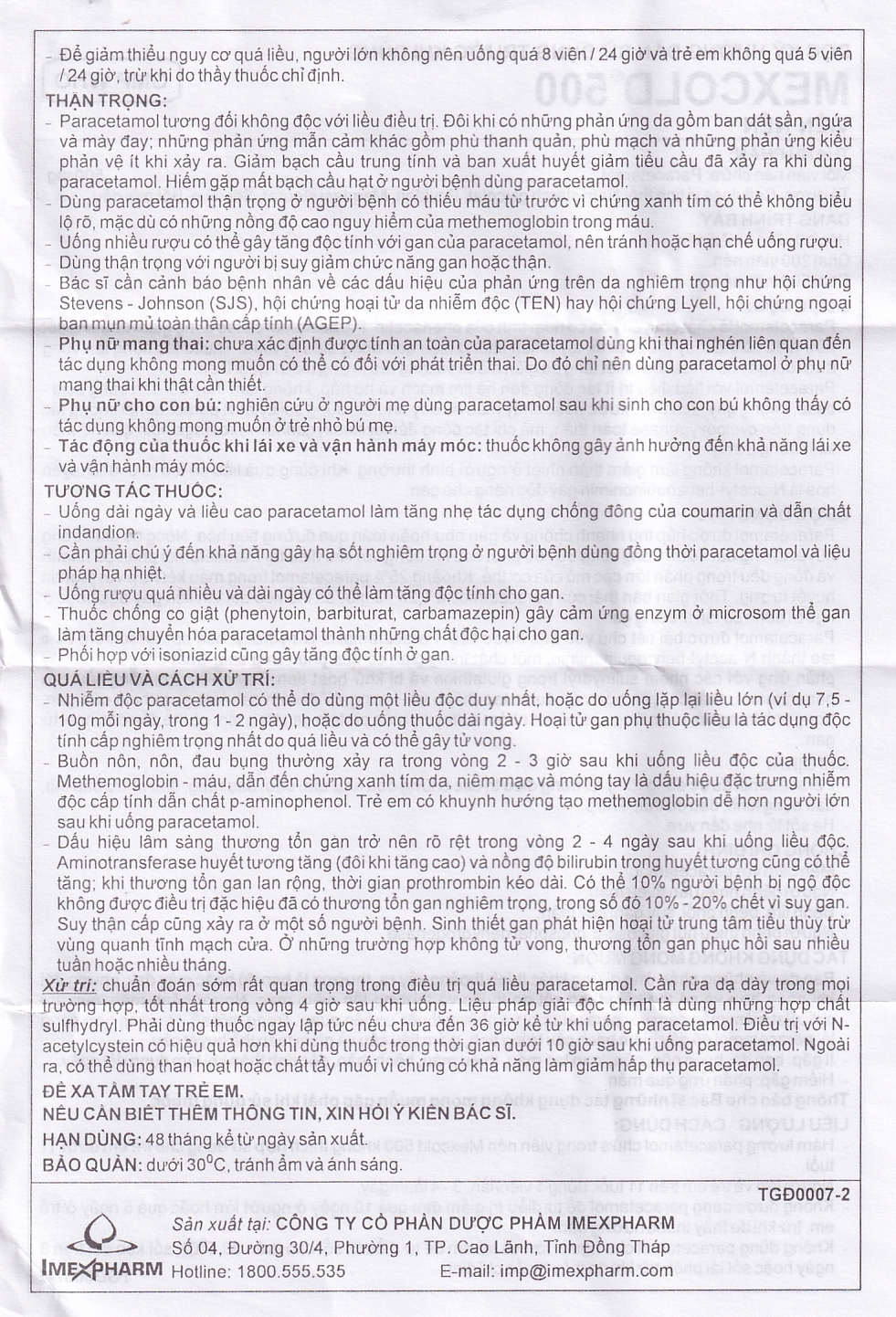 Viên nén Mexcold 500 Imexpharm điều trị đau đầu, đau răng, đau nhức bắp thịt (10 vỉ x 10 viên)