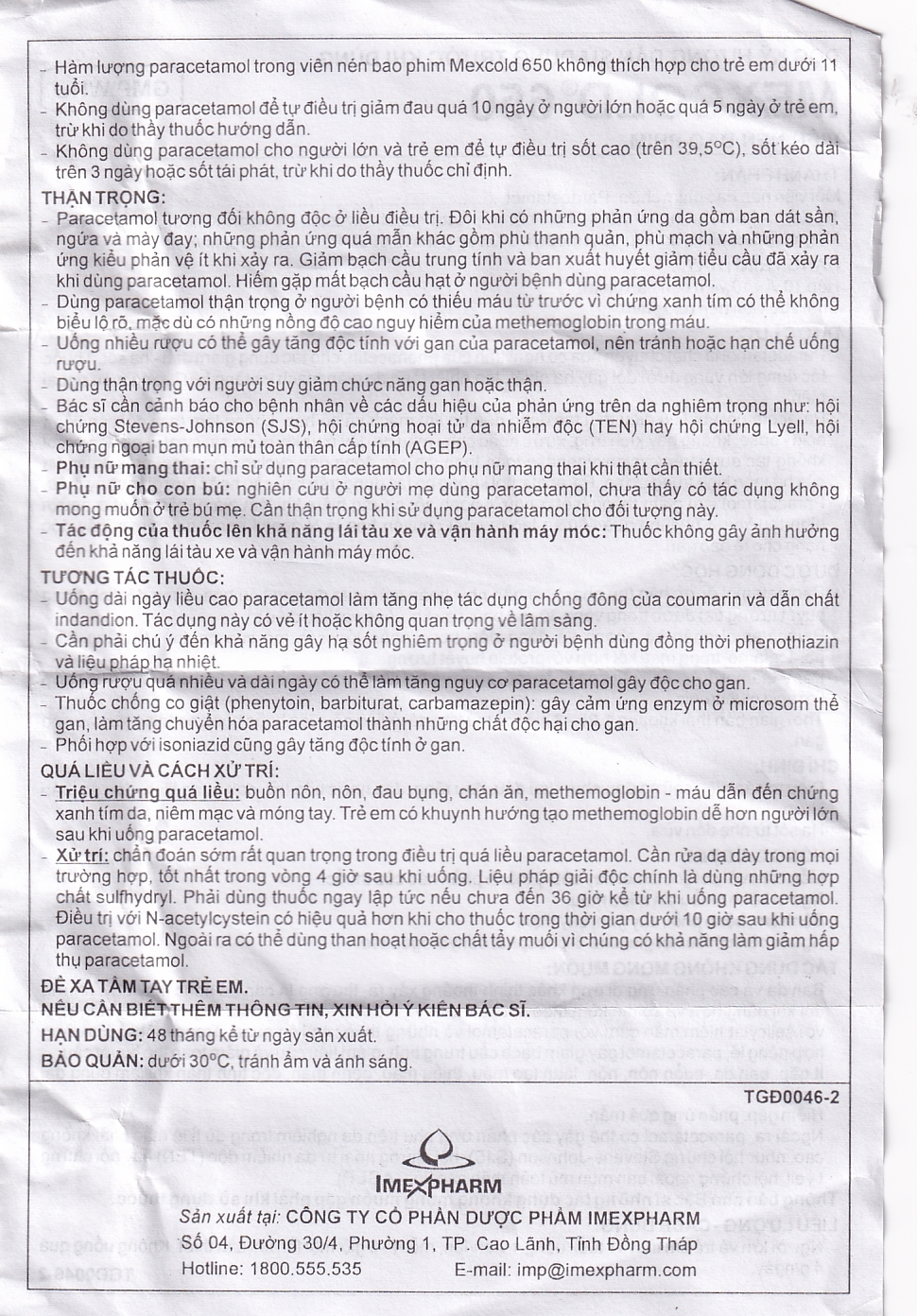 Viên nén Mexcold 650 Imexpharm giảm đau hạ sốt (10 vỉ x 10 viên)