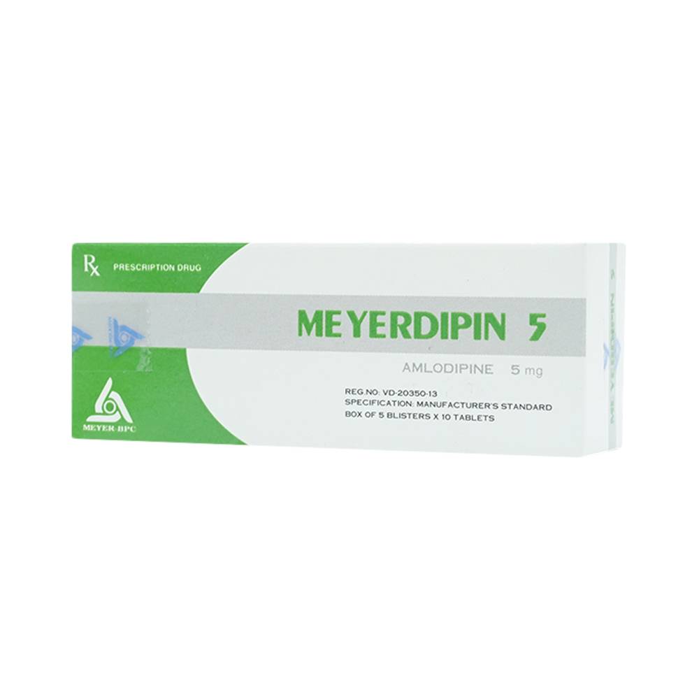 Viên nén Meyerdipin 5 Meyer - BPC điều trị tăng huyết áp nhẹ và vừa, đau thắt ngực ổn định (5 vỉ x 10 viên) 